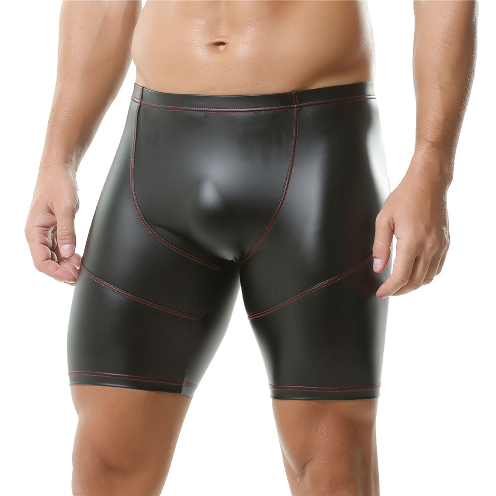 Sexy Men's Long Leg Faux Leather Boxer Shorts Nightclub Stage Tight Short Pants