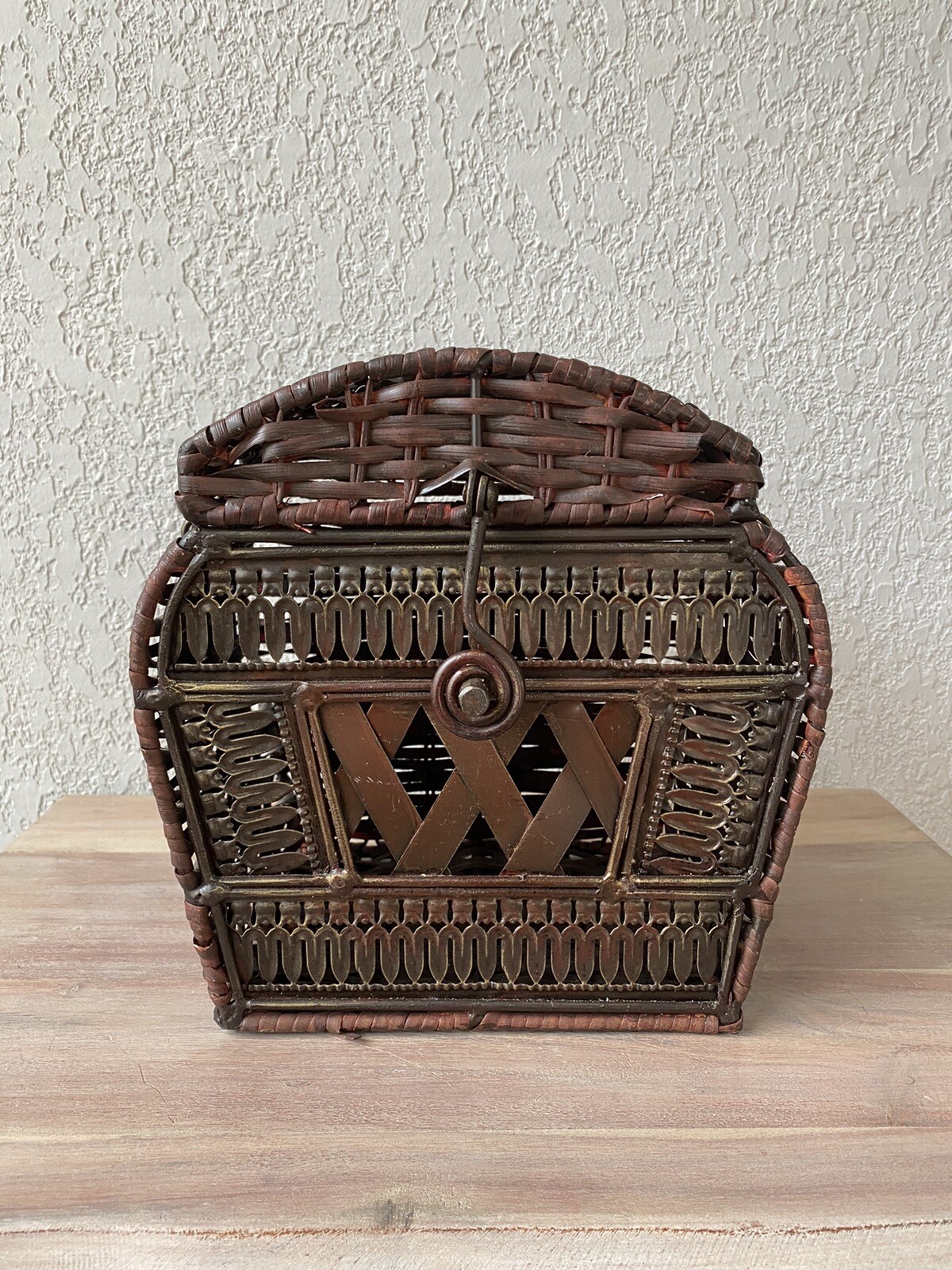 Vintage Dark Brown Wicker And Metal Treasure Chest