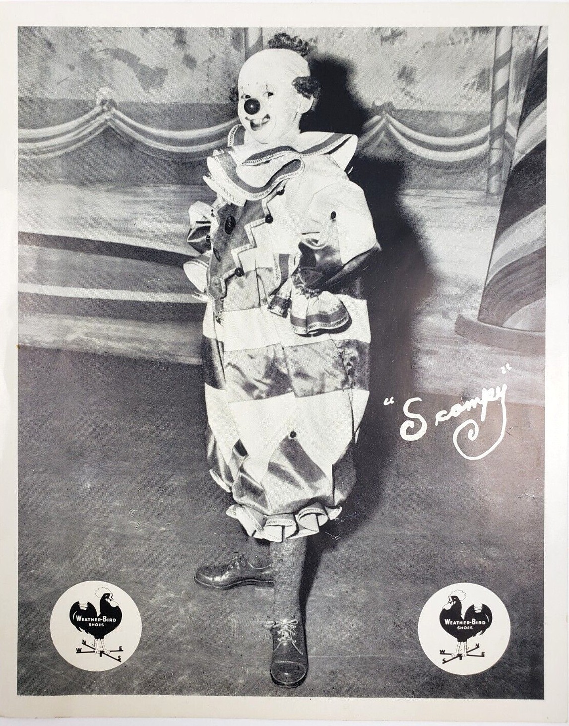Scampy Clown Super Circus Weather Bird Shoes Vtg Photograph Press Photo Ad
