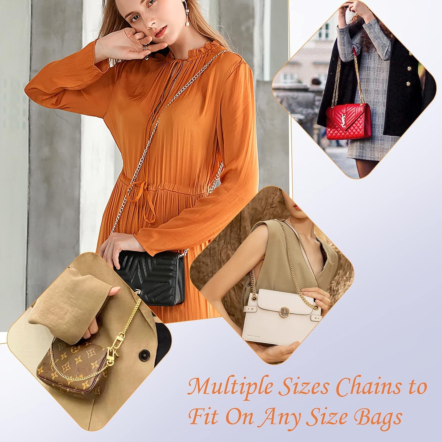 Gold Purse Chain Straps, 4 Pack Iron Replacement Chains with Clasps | Four leng.