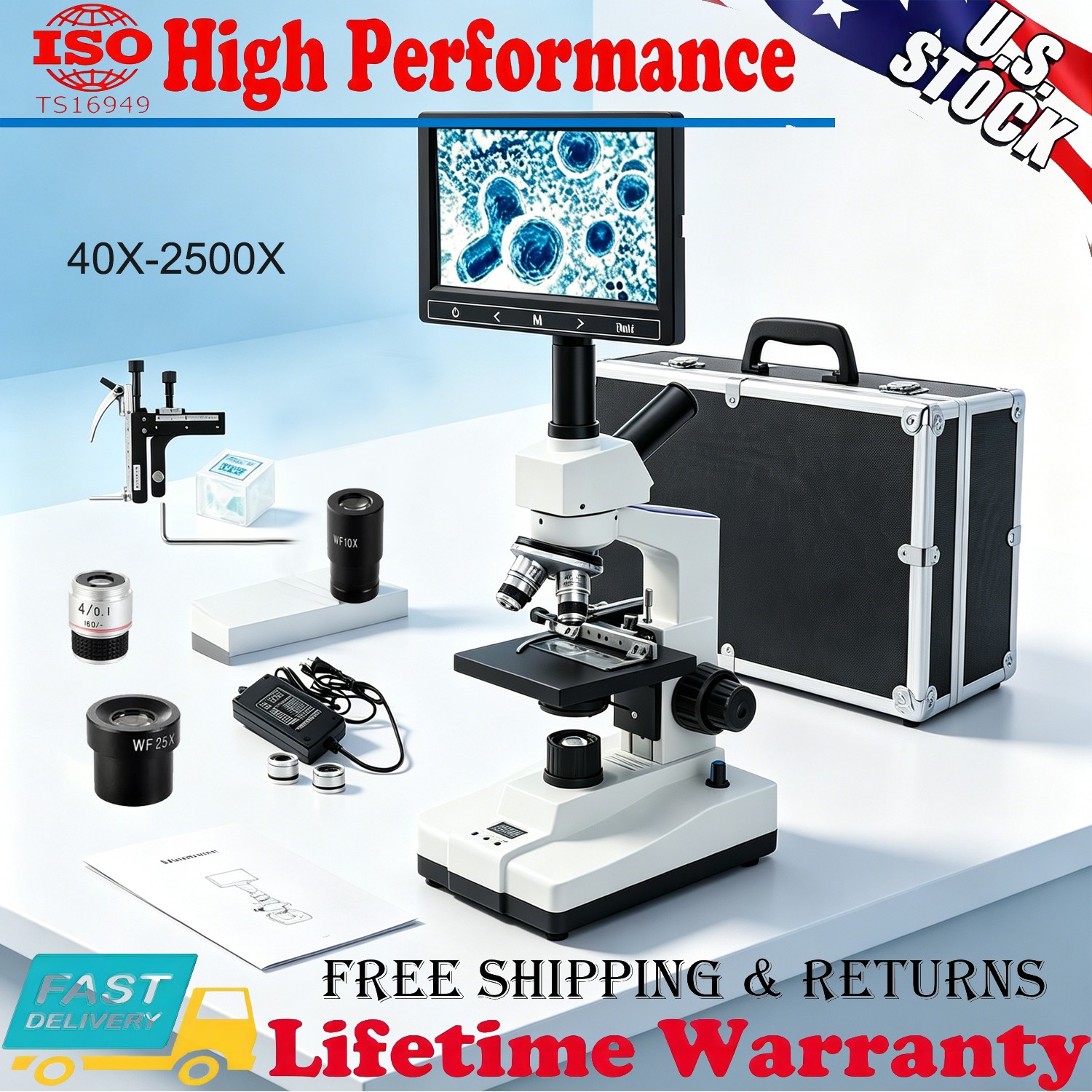 Digital LCD Microscope 40X-2500X w/ Constant Temp Stage & Mechanical Stage