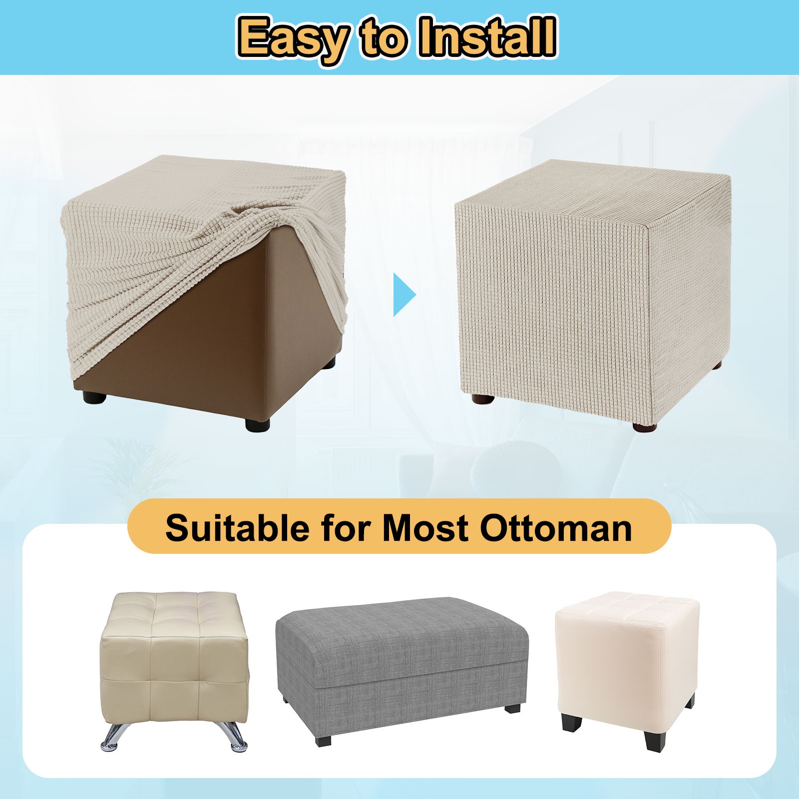 Stretch Ottoman Cover Rectangular Fit Length 33"-40", Medium, Beige