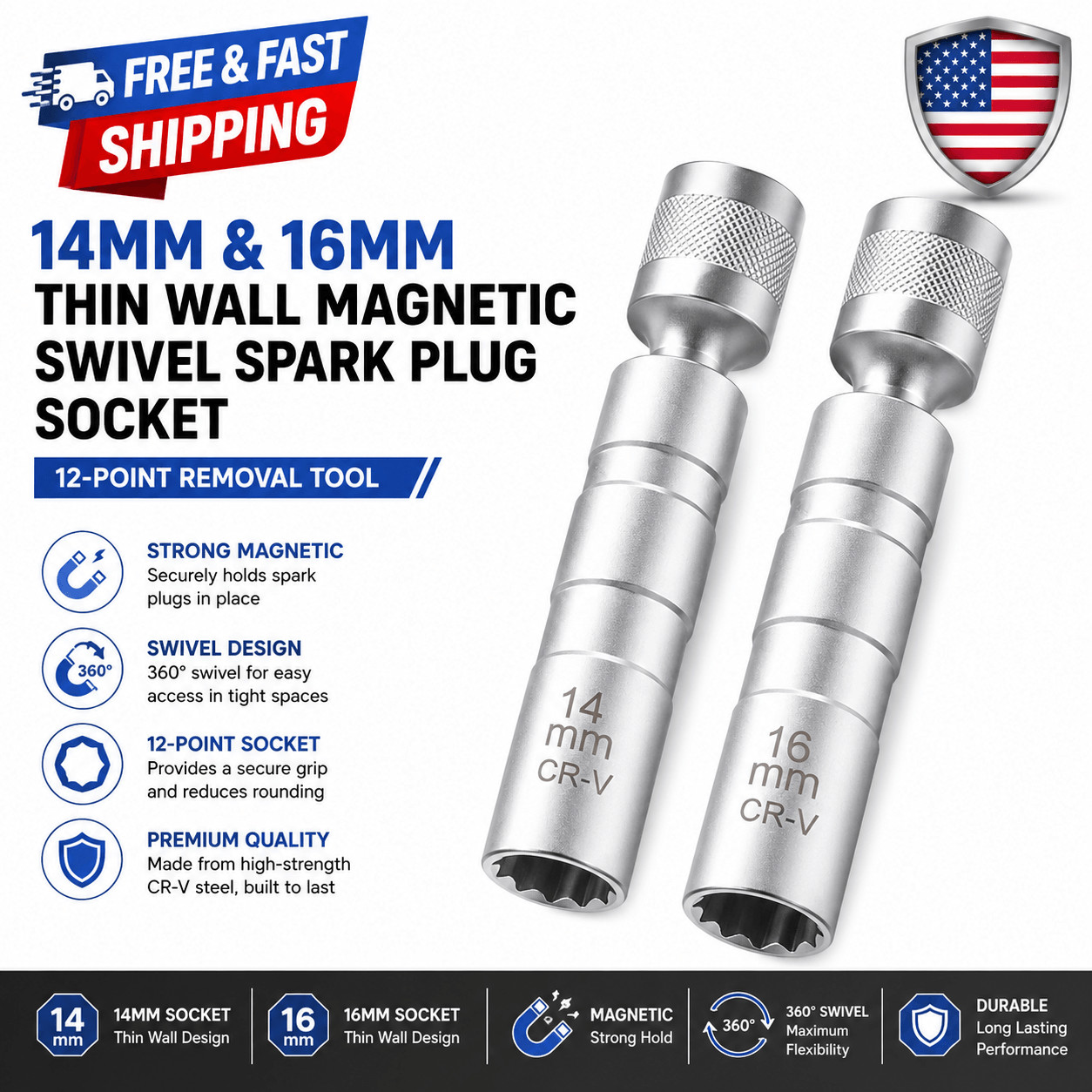 14mm & 16mm Thin Wall Magnetic Swivel Spark Plug Socket 12-Point Removal Tool