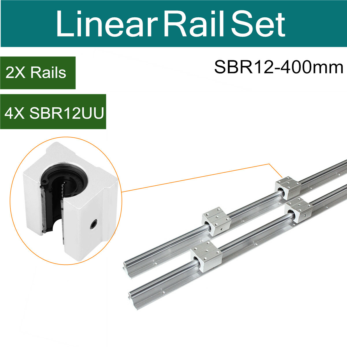 2Pcs SBR12-400mm 12mm Linear RAIL Slide Shaft Rod Guide + 4Pcs SBR12UU Block