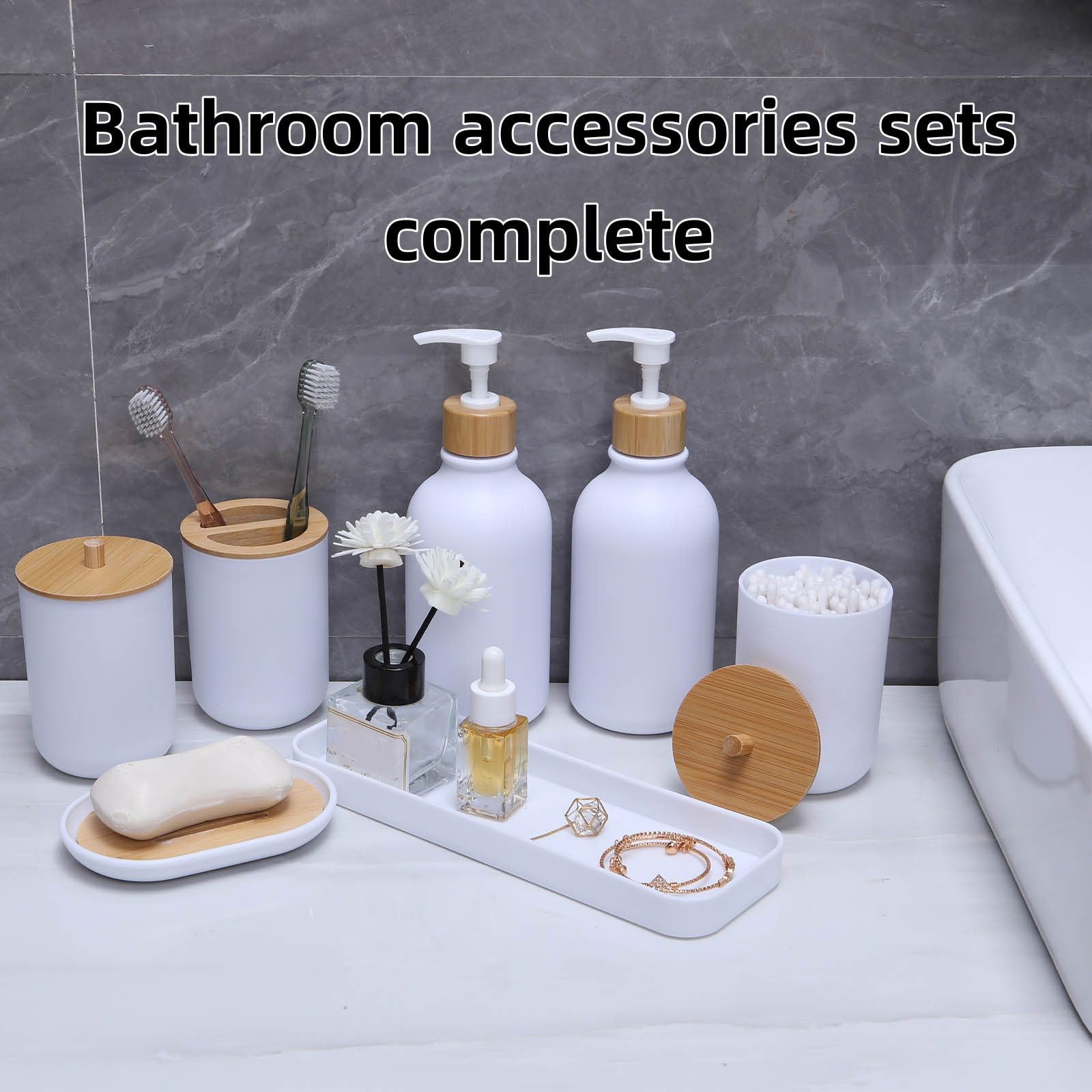 Matte White Bathroom Accessories Set 7 Pcs,Bamboo Bathroom Accessories Sets,W...