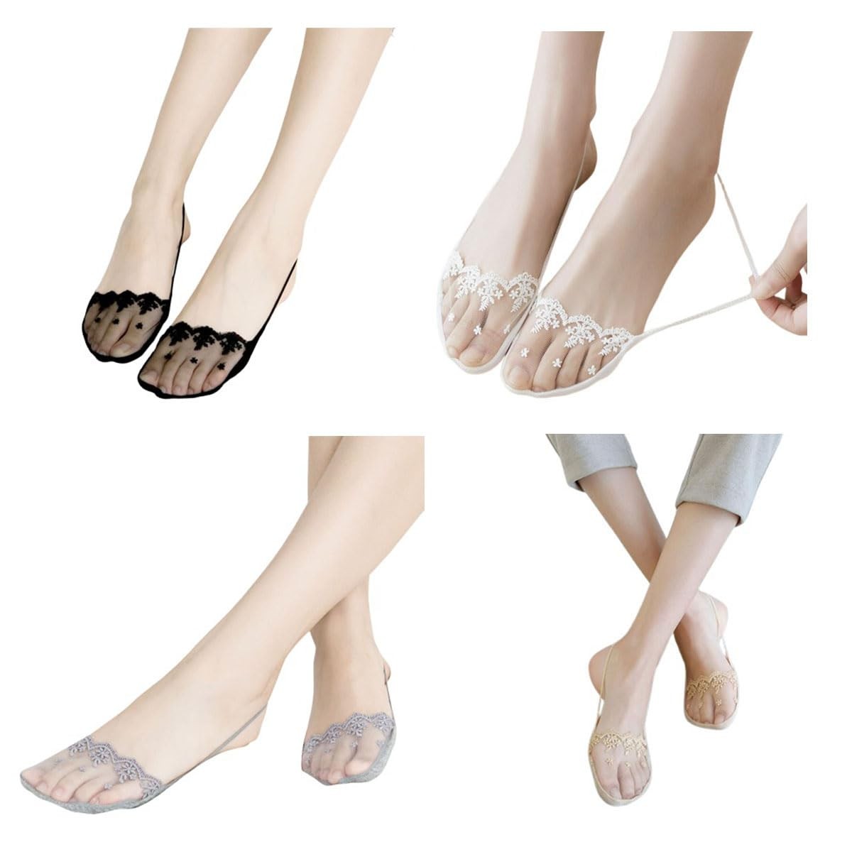 NentMent 4 Pair Women No Show Socks One Size, Black, Gray,skin Color,white