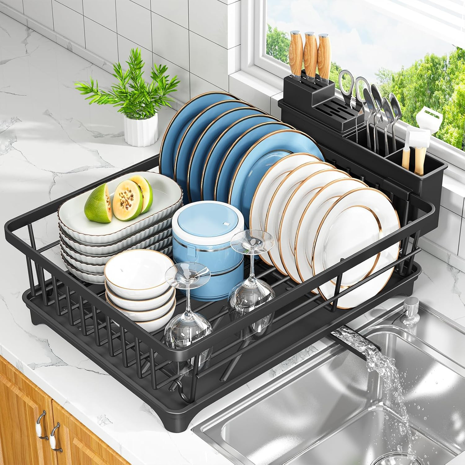 Dish Drying Rack for Small Kitchen Counter with Utensil Holder | Space Saving, R