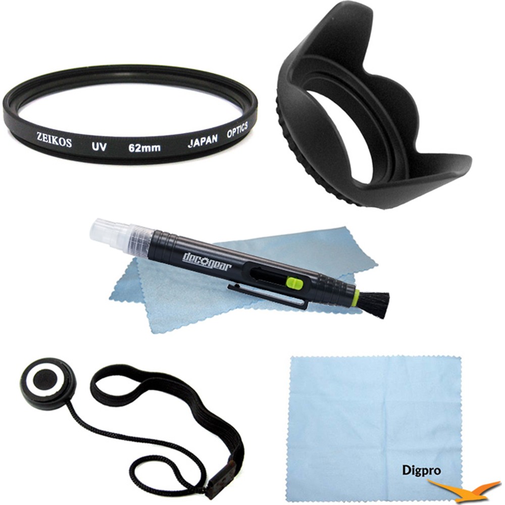 62mm Filter & Hood 5 pc Bundle Hard Lens Hood Nikon Canon Sony other DSLR Camera