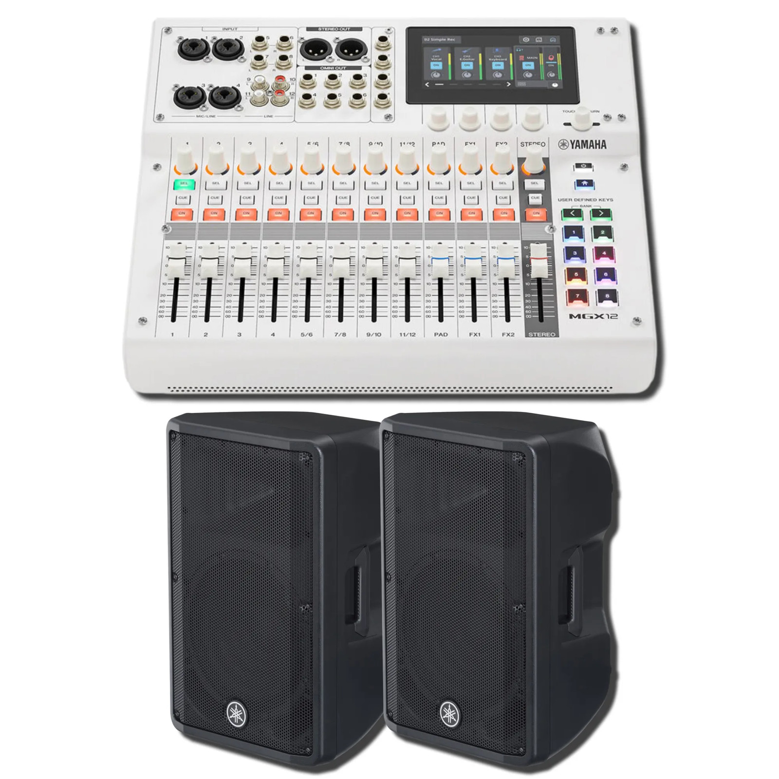 Yamaha MGX12 W 18-Ch Digital Mixer w/ 2x DBR12 1000W Powered Speakers Bundle