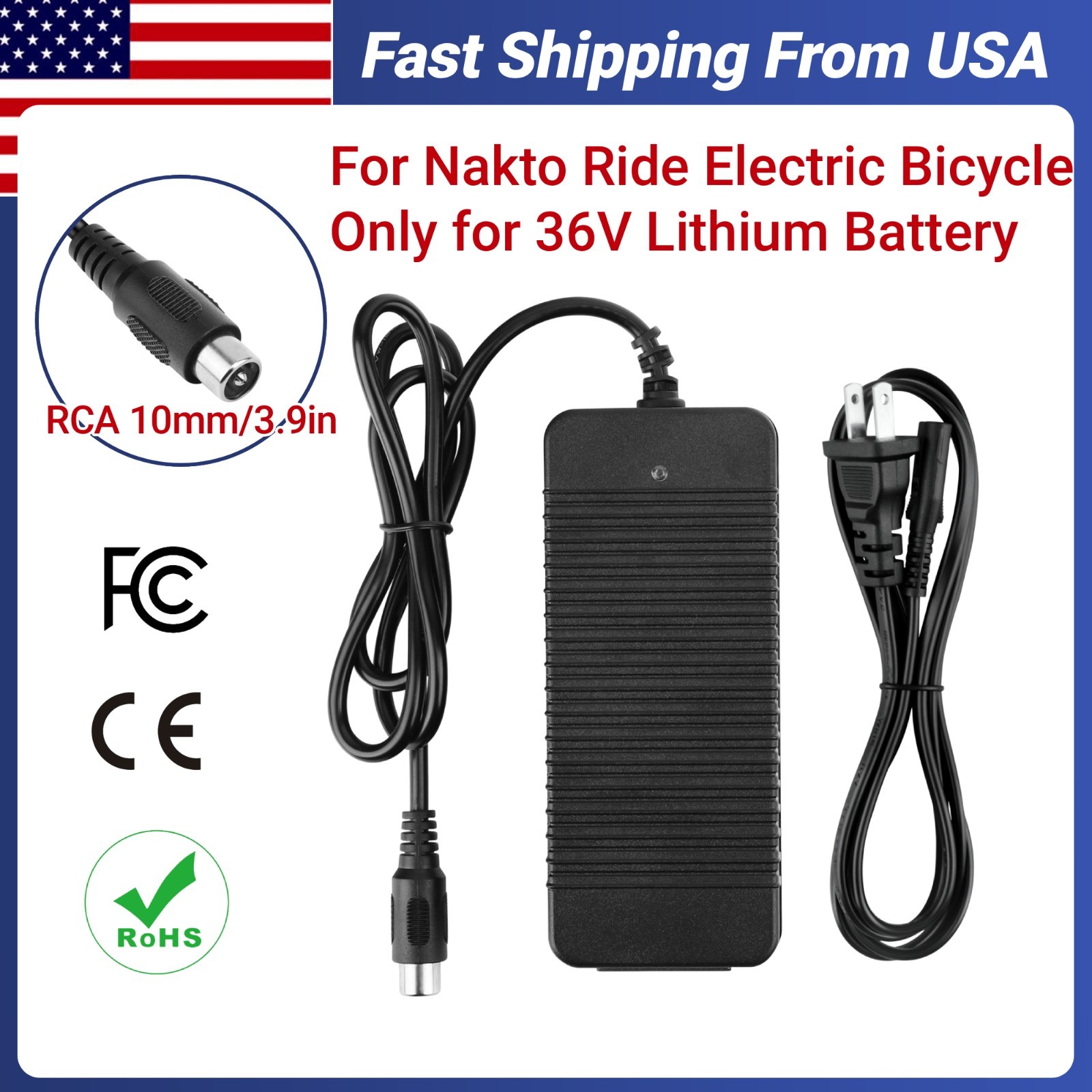 AC Adapter Charger for 36V Lithium Battery for Nakto Ride Electric Bicycle