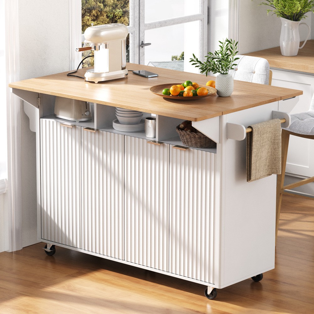 55.5in Fluted Kitchen Island 2 Drop Leaf Power Outlet 4 Doors Spice Rack Rolling
