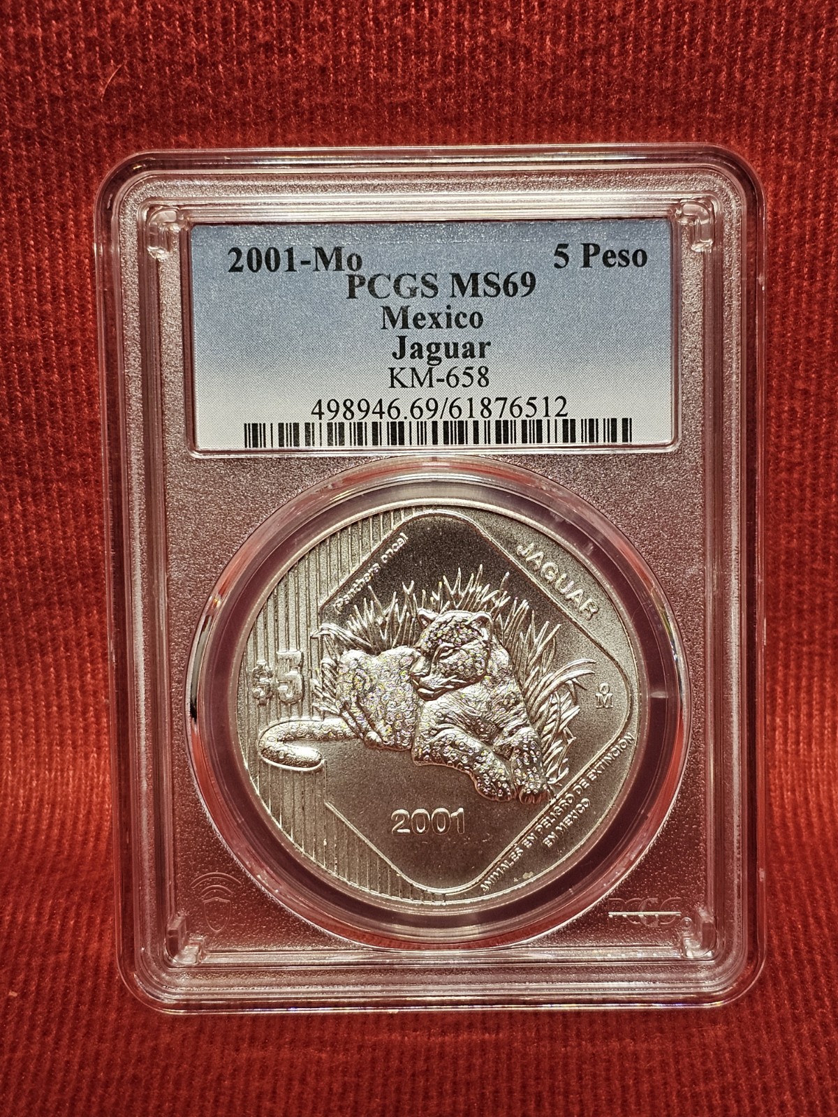2001 Mo MEXICO SILVER 5 PESOS JAGUAR PCGS MS 69 Top Pop Registry 4/0