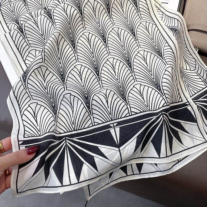 Double Side 100% Silk Long Scarf Women Neckerchief White Black Leaves 145*37cm