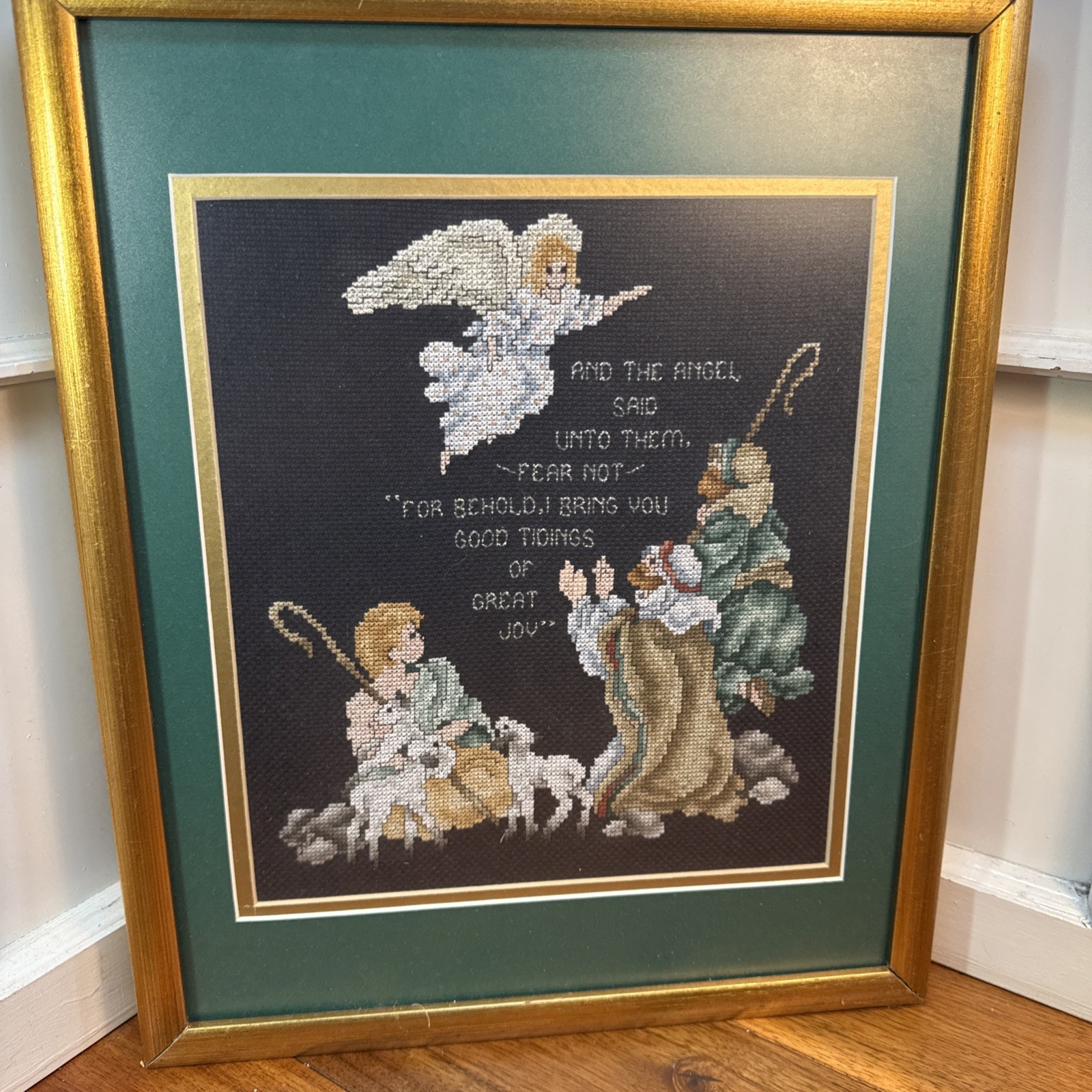 God Joy Cross Stitch Sampler 17x14 Vintage Good Tidings - Matted Vintage
