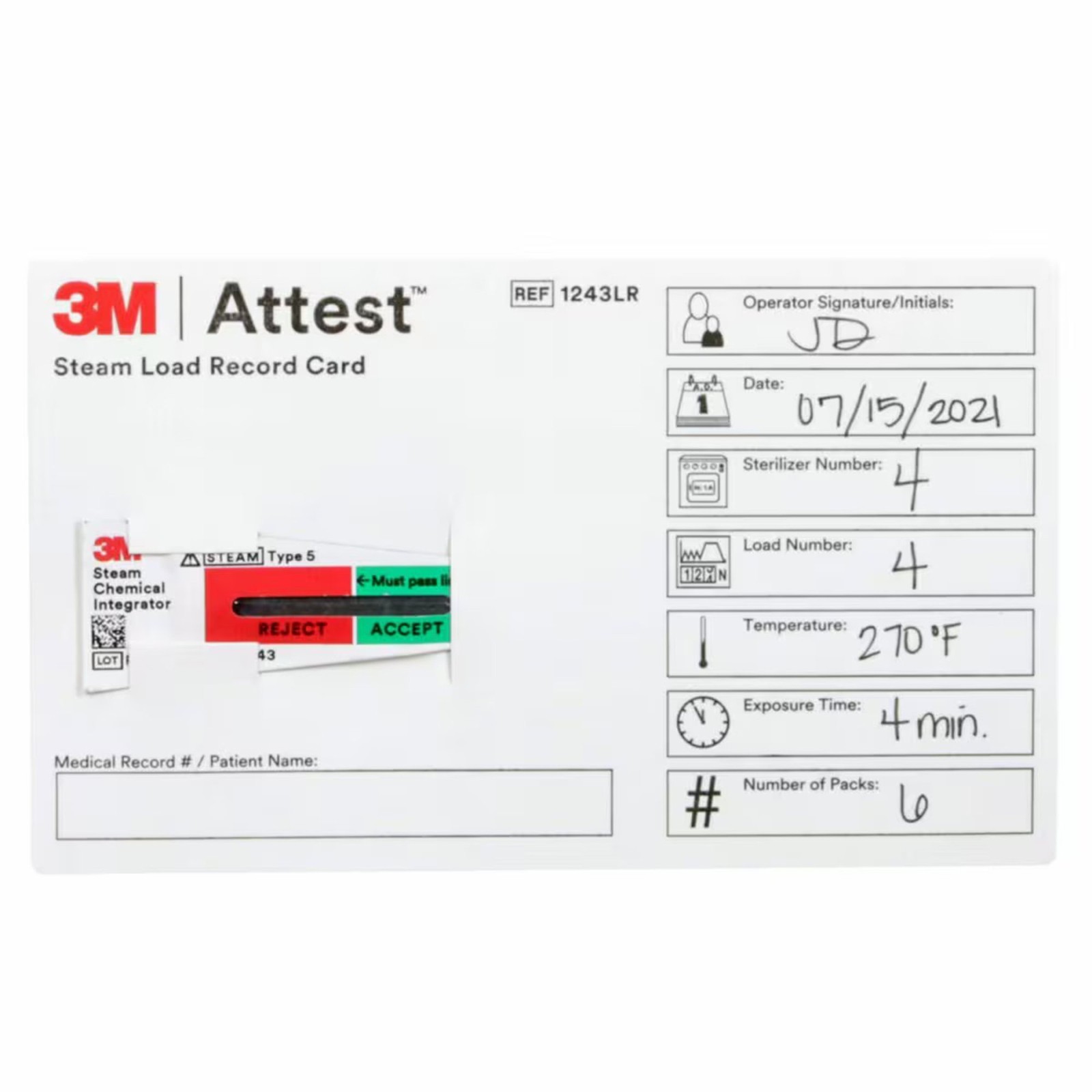 3m Attest Steam Load Record Card, 1243LR, 2 Boxes x 100/BX, 200 Total