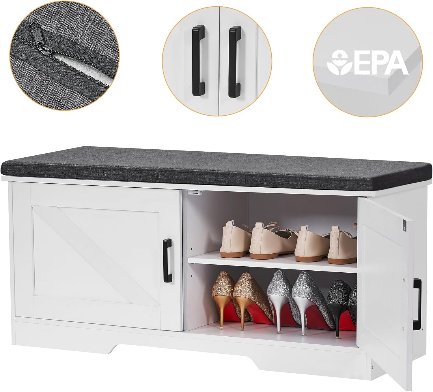 2-Tier Storage Bench 39.4" Wide Shoe Bench W/ Padded Seat Cushion Entryway Bench