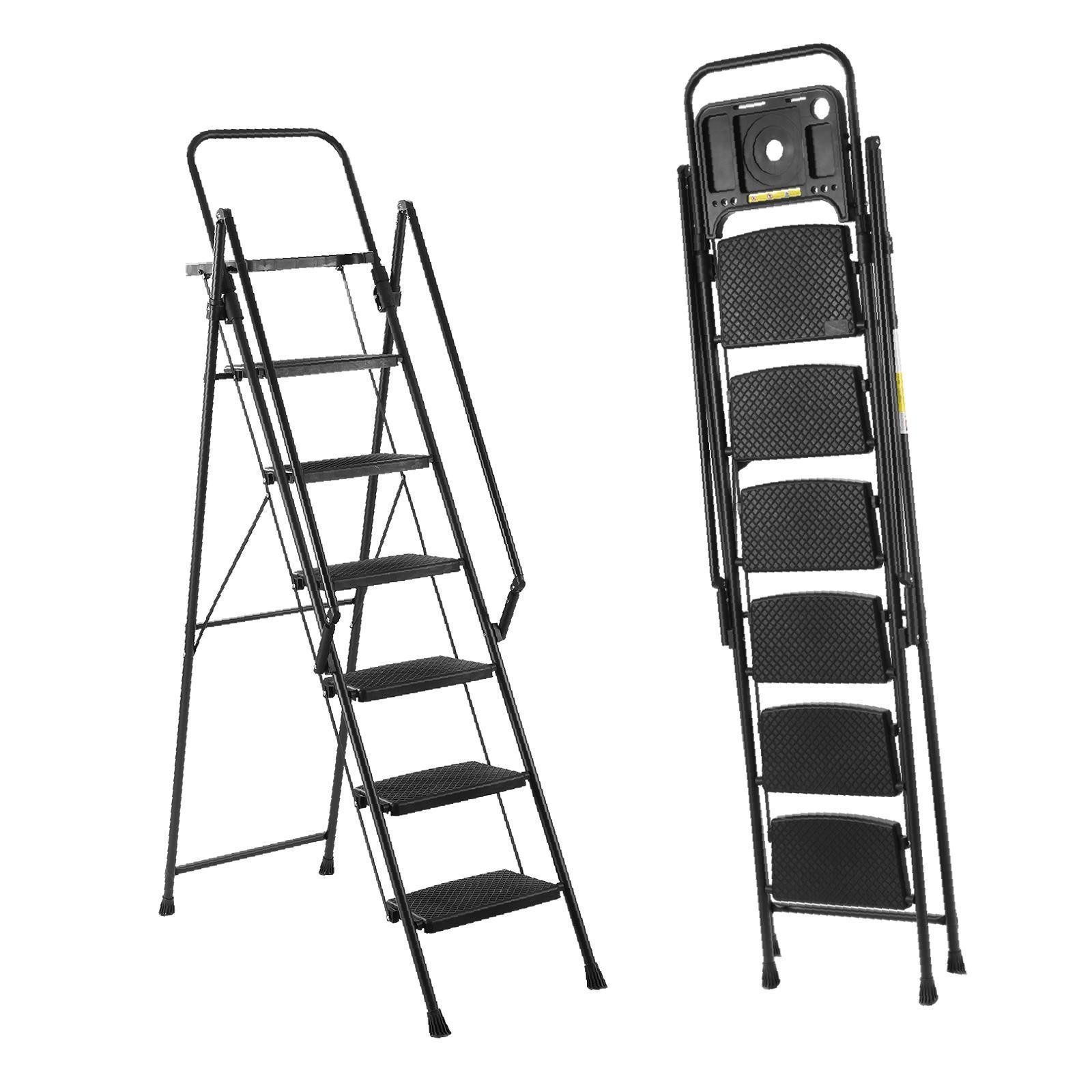 Anti Slip Pedal Folding Ladder with Detachable Tool Tray Steel Frame Compact