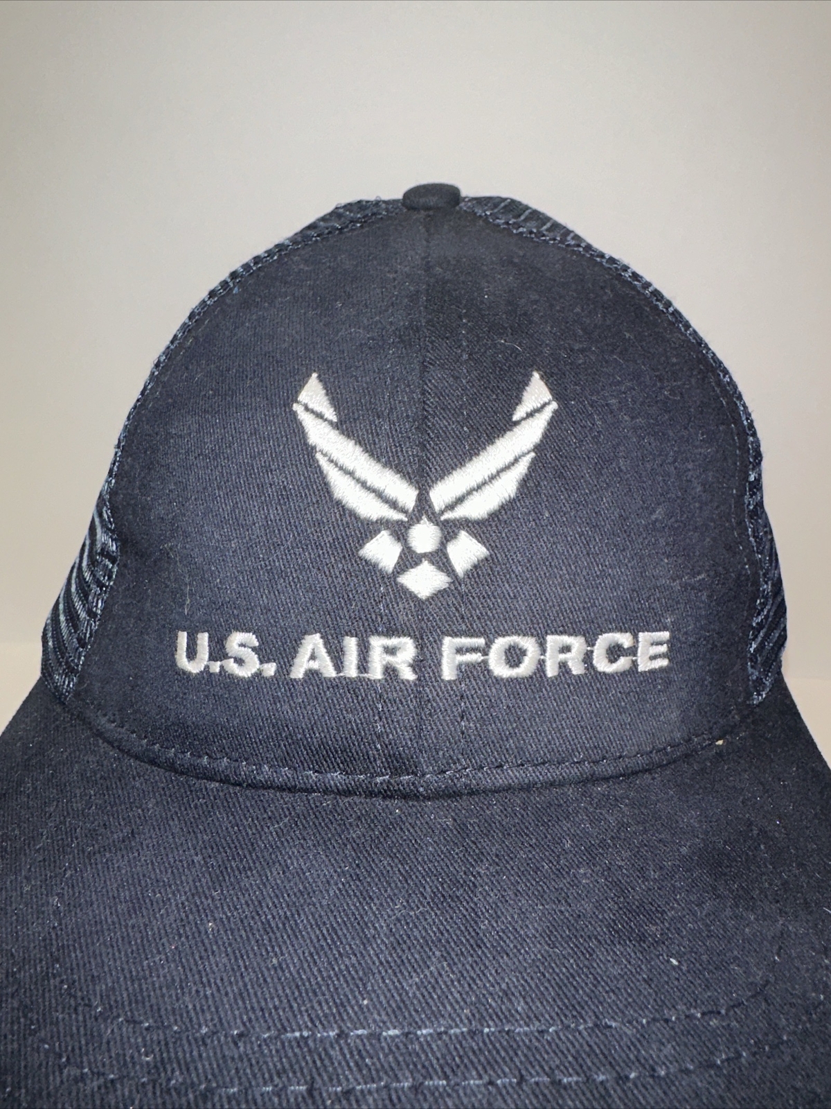 U.S. Air Force White on Navy Blue Fabric Mesh Hat Cap Hook Loop