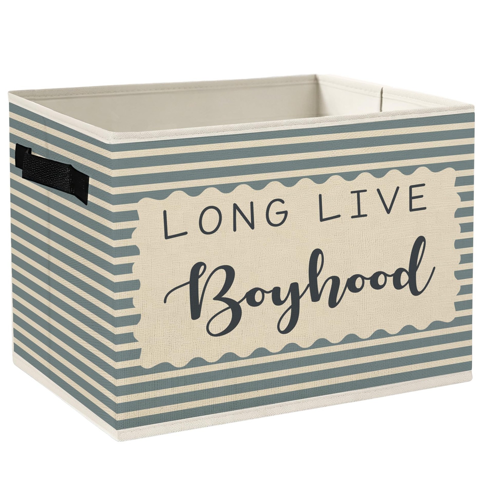 Boy Nursery Storage Bins Box with Handles, Blue Striped Long Live Boyhood Fol...