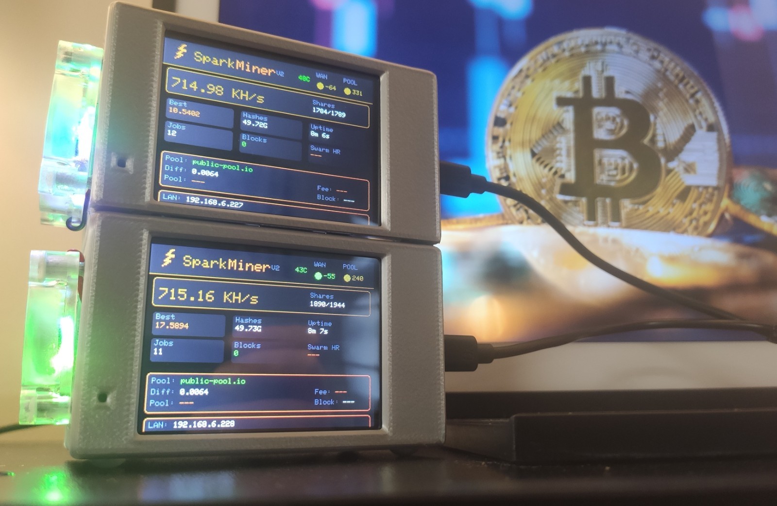 Dual Spark Miner- Solo Crypto Miner 2 x 720kh/s - RGB Fan - Nerd Miner - Bitcoin
