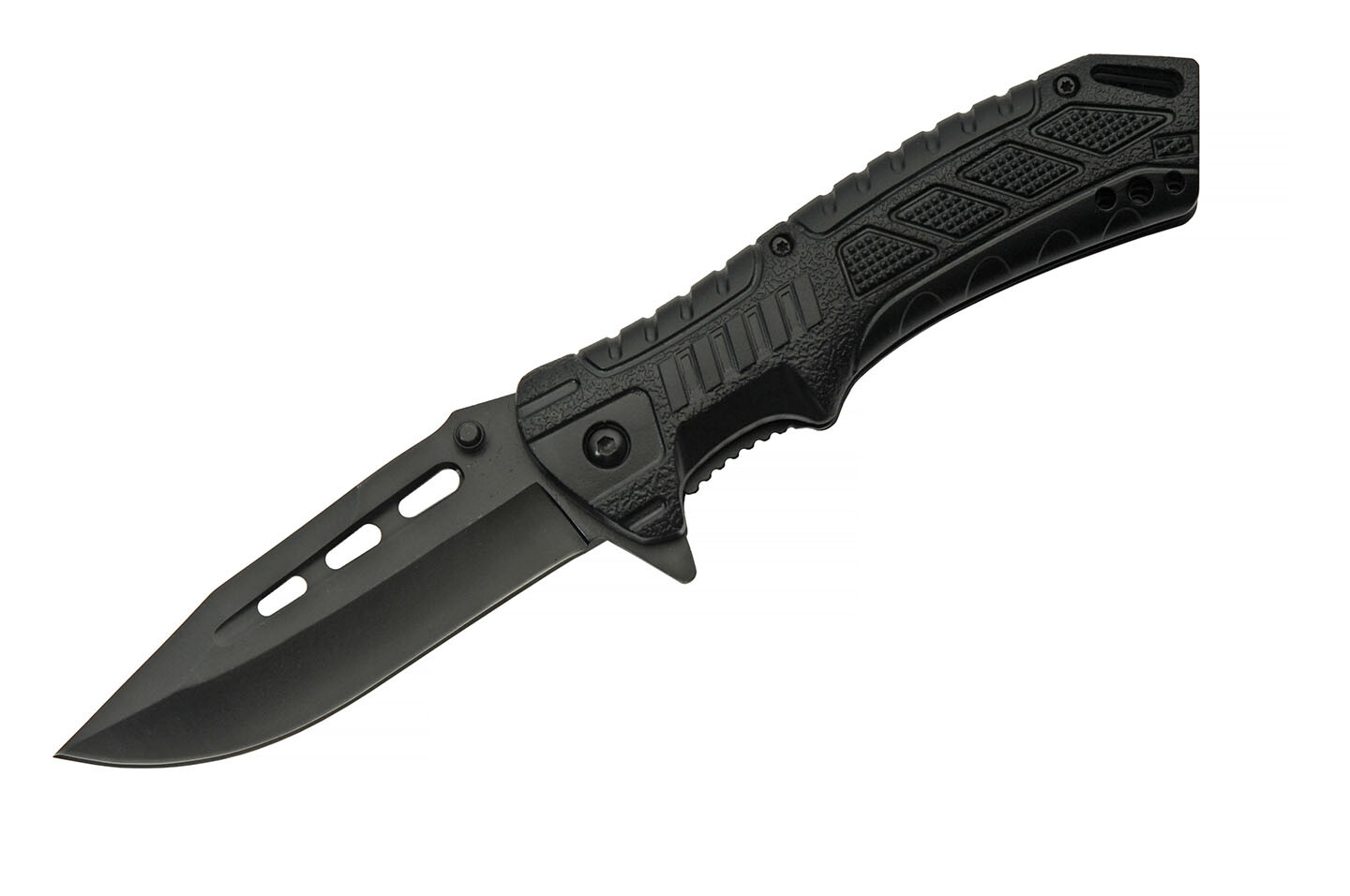 Spring-Assist Folding Knife | Survival Black 3.5" Blade + Firestarter & Whistle