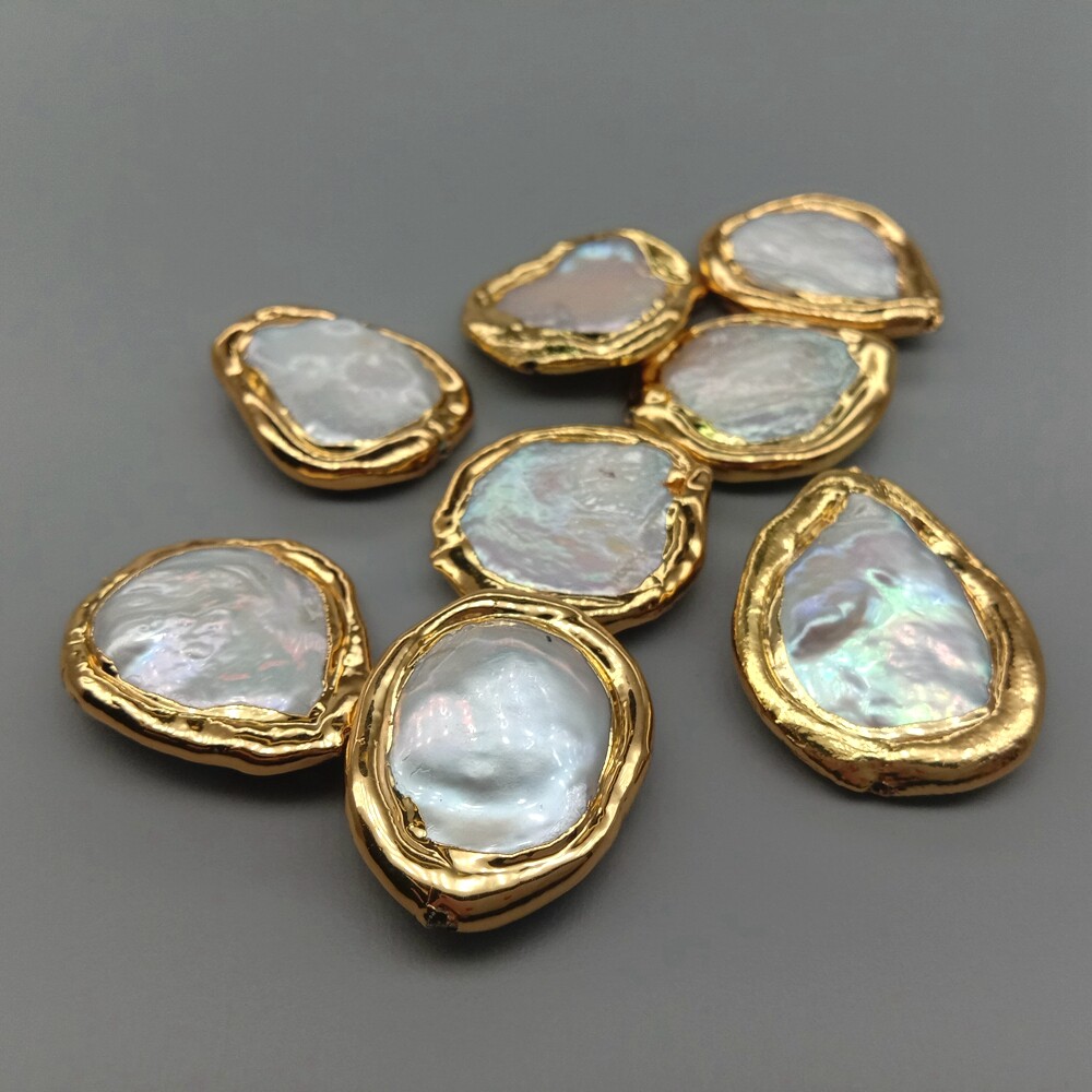 10 pcs Freshwater Cultured White Keshi Coin Pearl Beads Metal Bezel