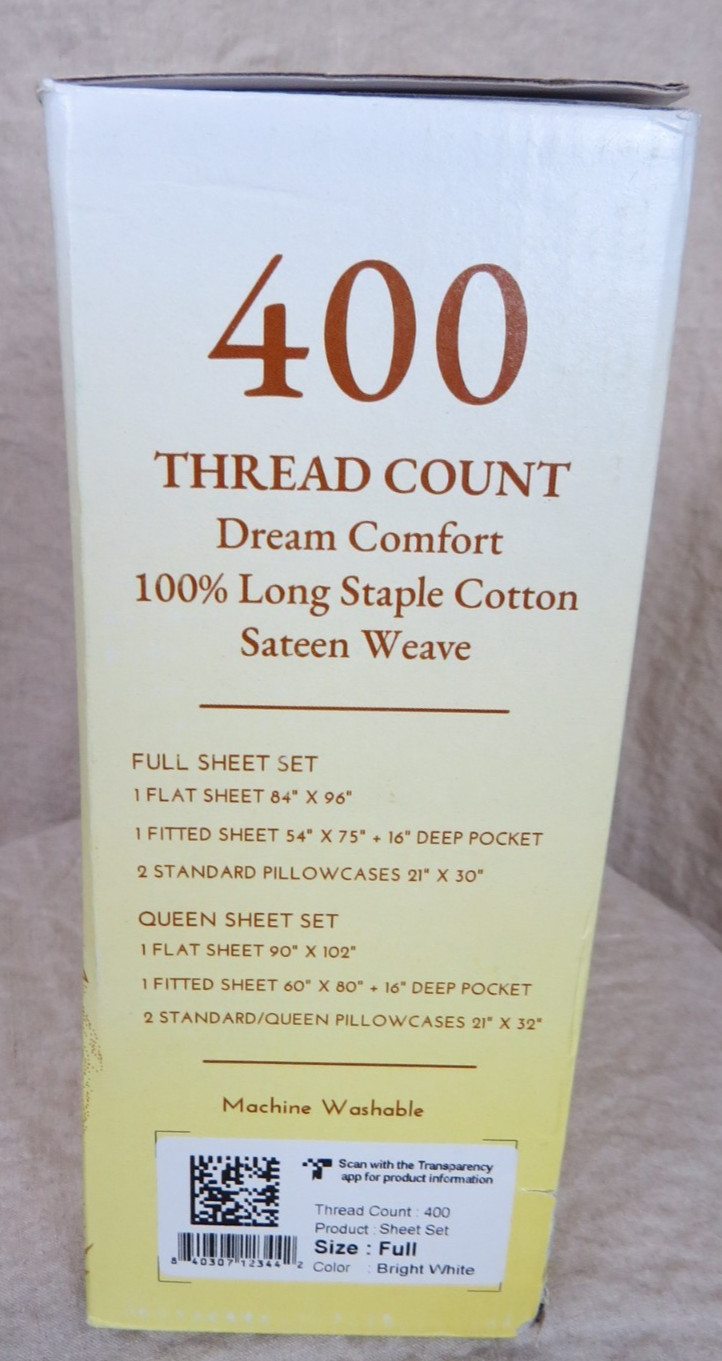 California Design Den Full Sheet Set Soft 400 Thread Count Sateen Bright White