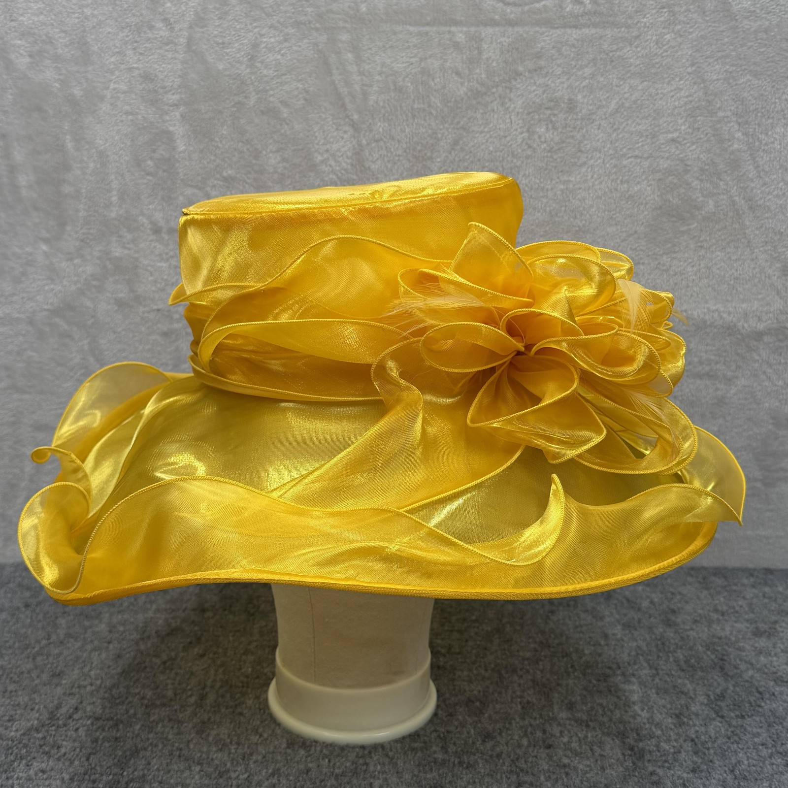 Derby Hat Sun Womens Adjustable Yellow Organza Sheer Wide Brim Ruffle Church NWT