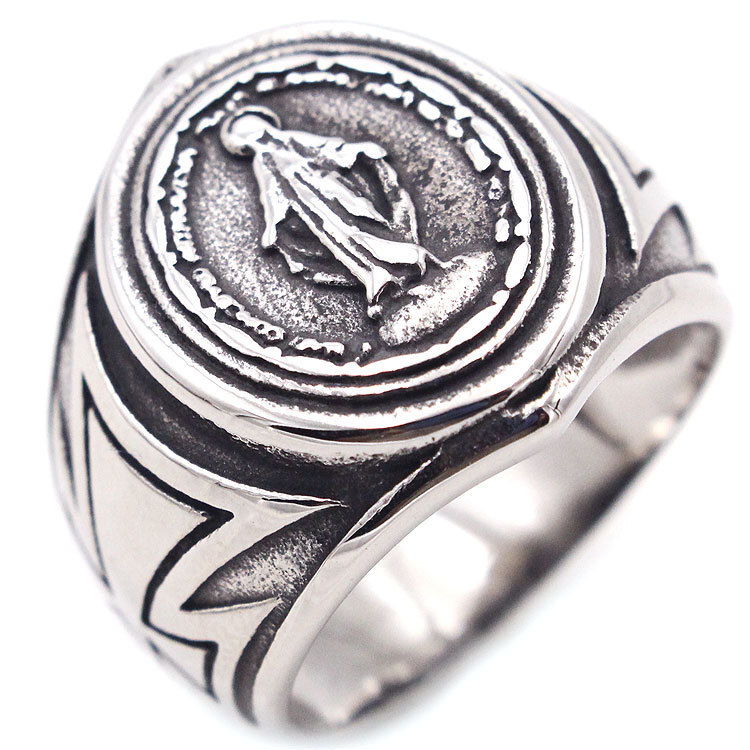 Vintage Big Cross Virgin Mary Ring Stainless Steel Retro Men's Biker Amulet Ring