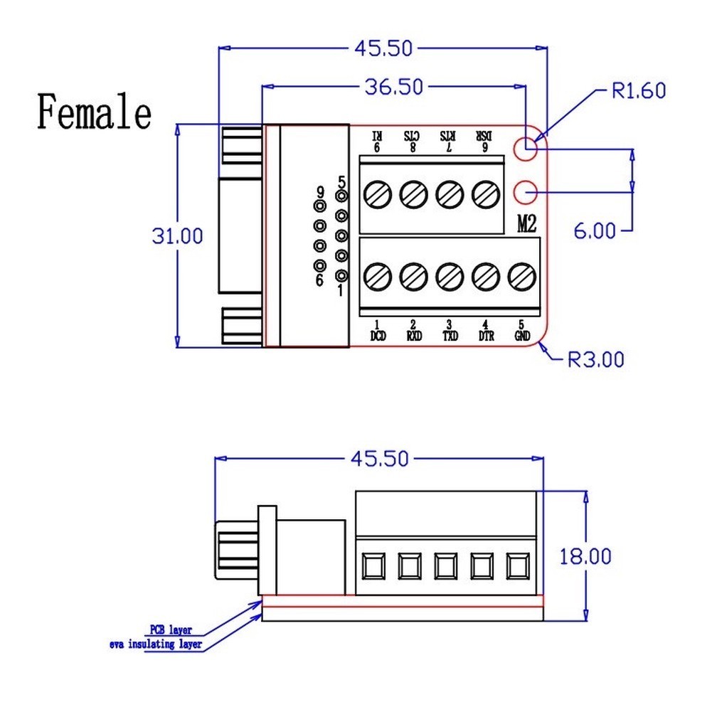 3PCS DB9 Female PCB Terminal Block with Insulating Pad for Serial Interface Use
