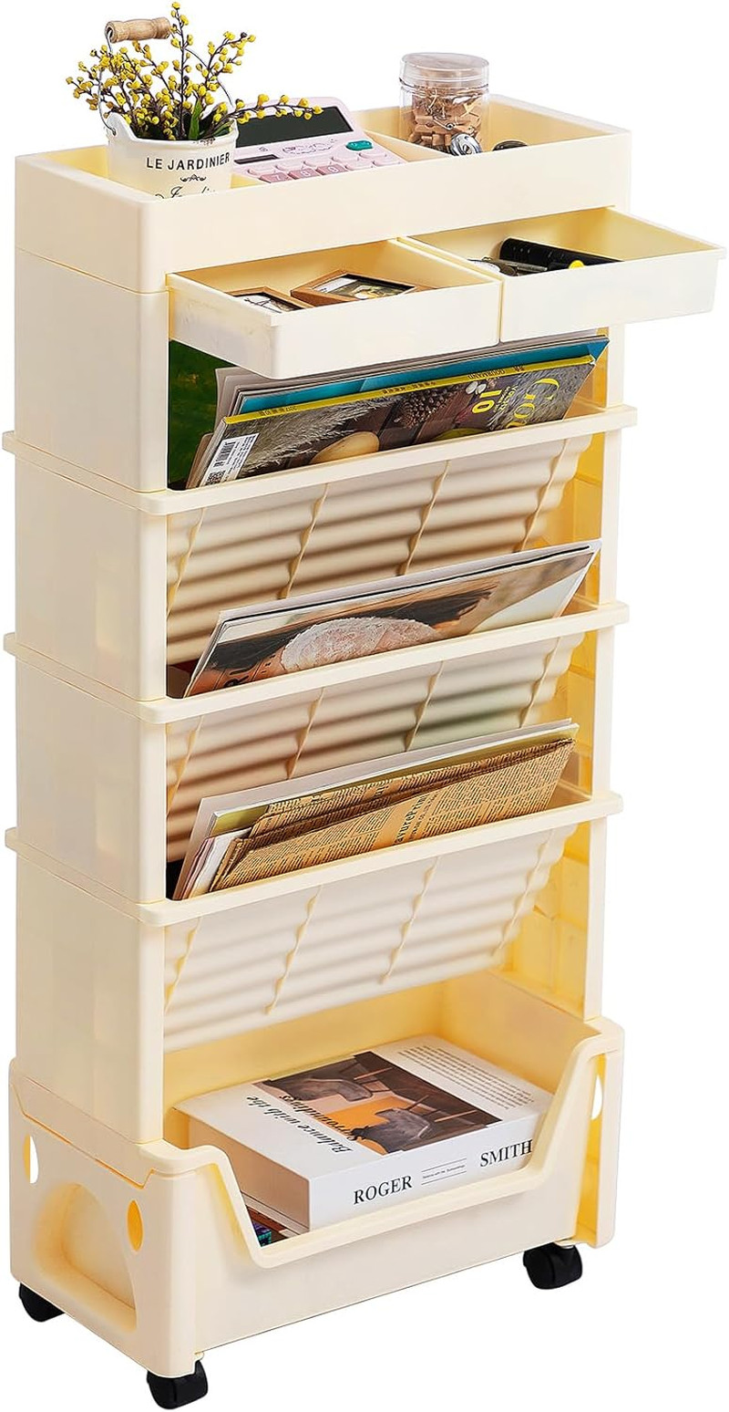 5 Tier Rolling Utility Cart Book with Wheels Office Carts Divided Top Shelf