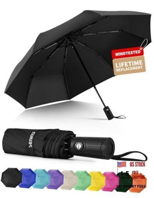 Seniny Windproof Travel Umbrella, Automatic Umbrellas for Rain, Portable Black