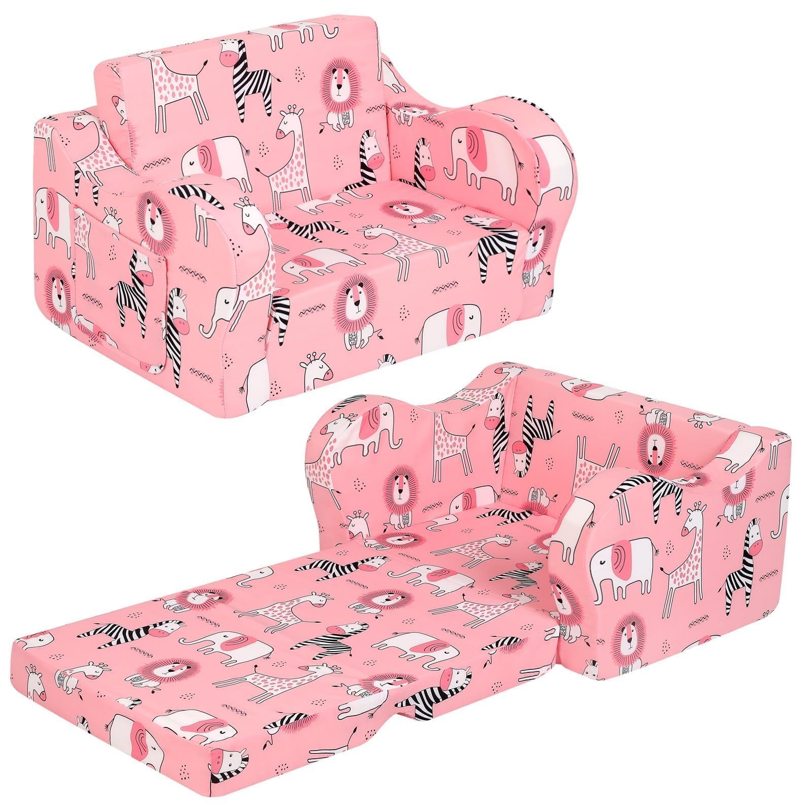 Sofa, 2-in-1 Flip-Out Foam Couch, Foldable Soft Play Lounge Chair, Pink