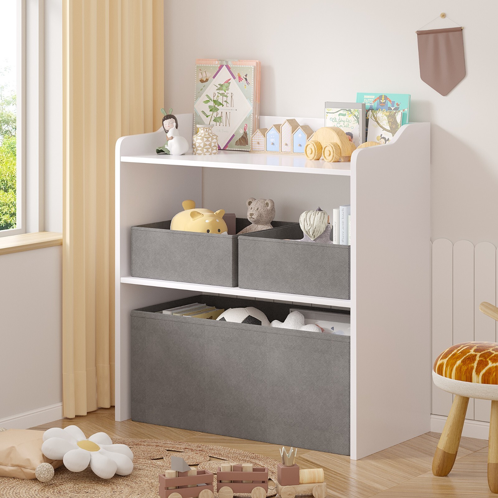 Toys Storage Organizer with 3 Fabric Bins Storage Rack for Kids , Easy Assembly