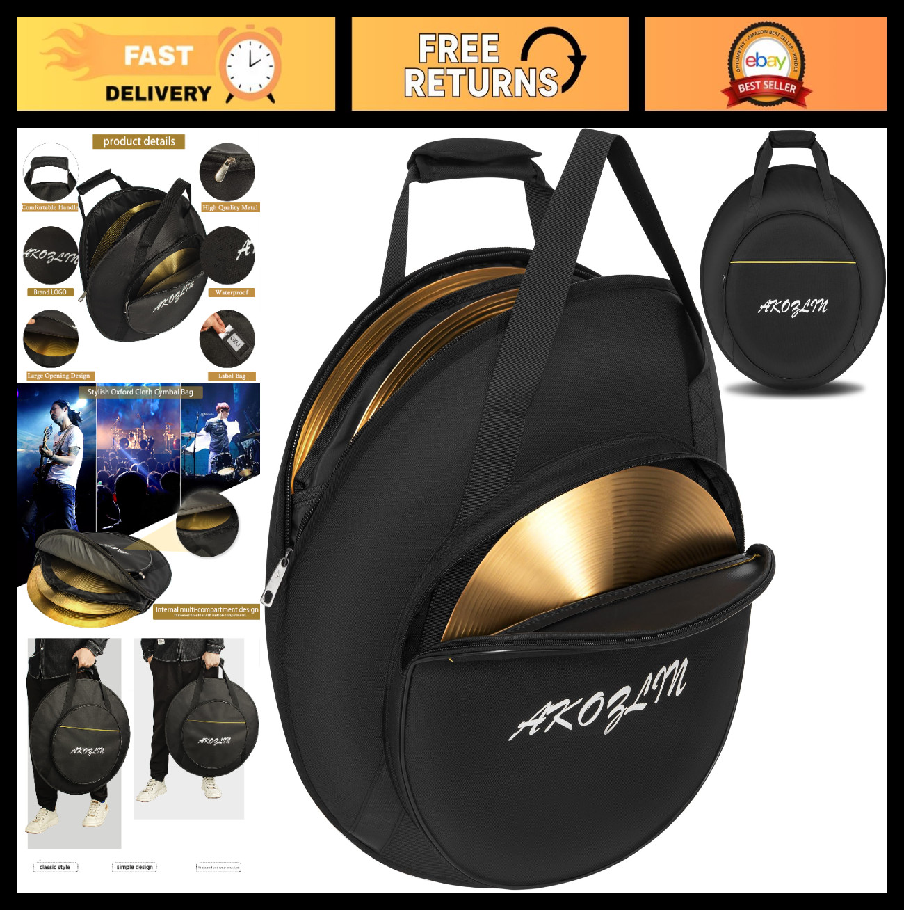 22" Cymbal Gig Bag - Padded Cotton, Waterproof, Dust-Proof, Carry Handle, 5mm Th
