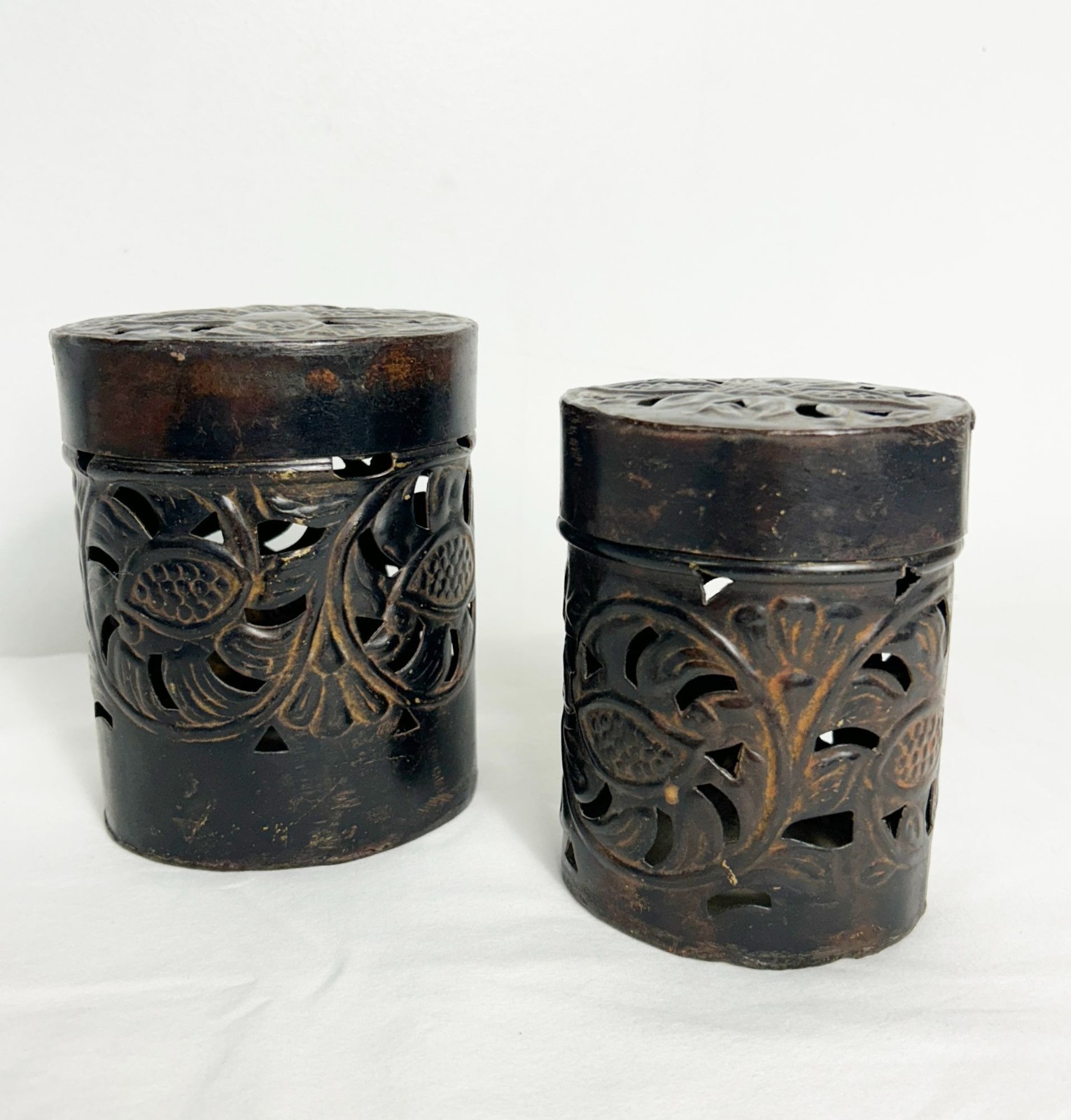 Pair of 2 Oval Dark Metal Lidded Incense / Trinket Boxes