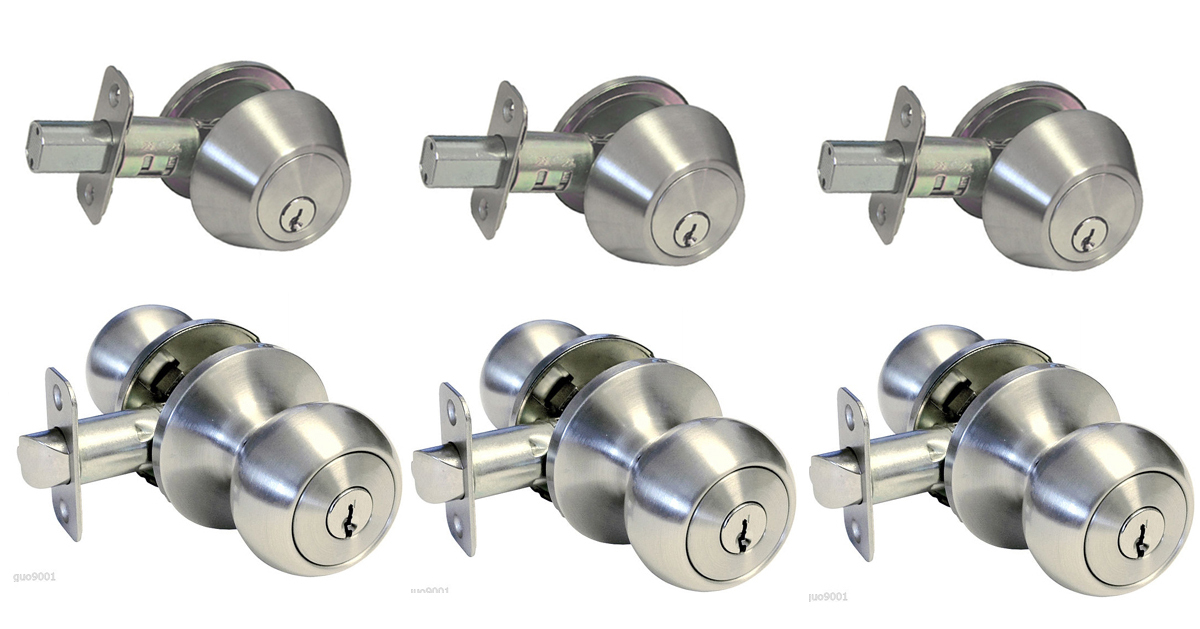 3 Satin Nickel Door Knobs Locks Entry Keyed with Deadbolt Locks Lock Knob Lever