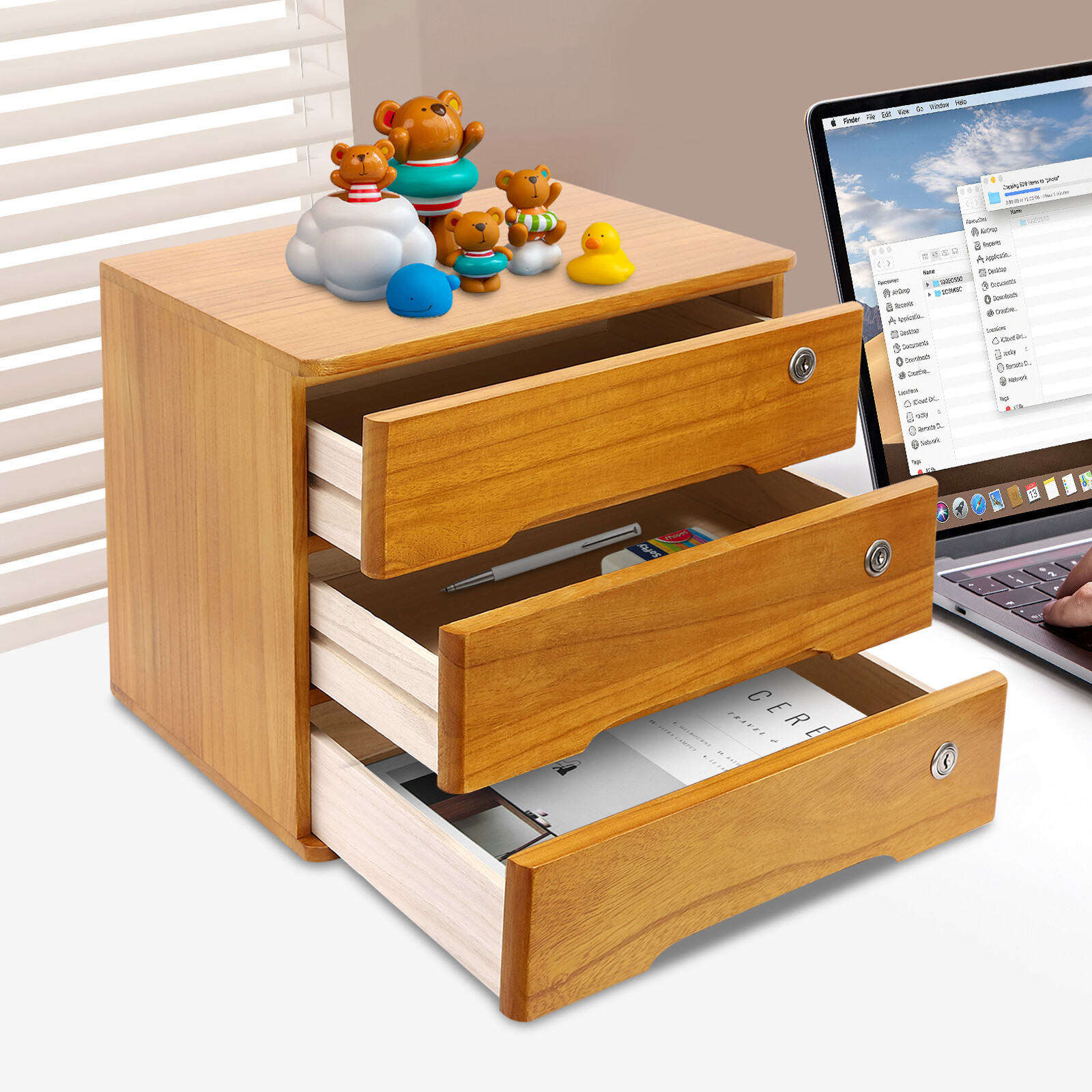 Wooden 3-Drawer Locking Desktop Storage Cabinet, Tung Wood