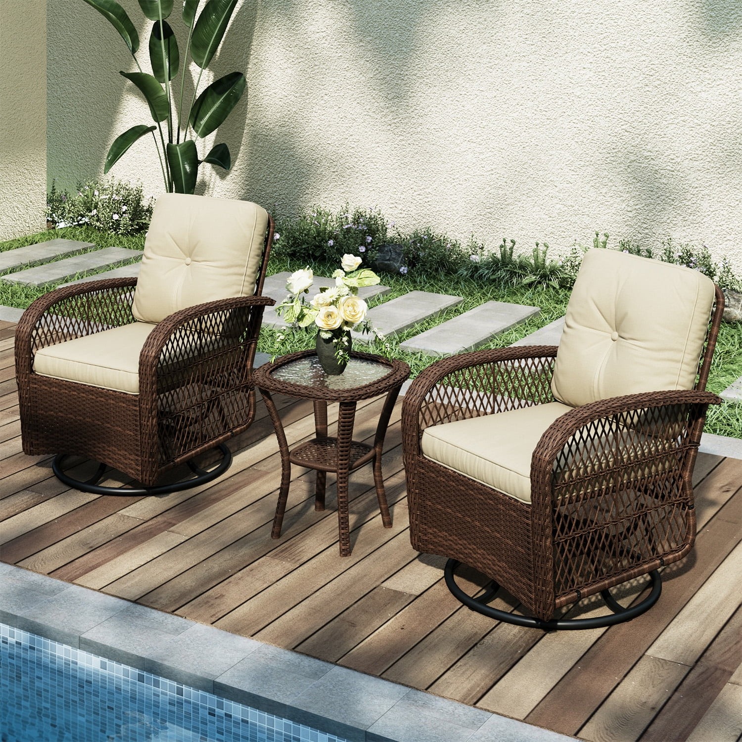 3 pcs Beige Outdoor Patio Furniture Set with Cushions Tempered Glass Side Table