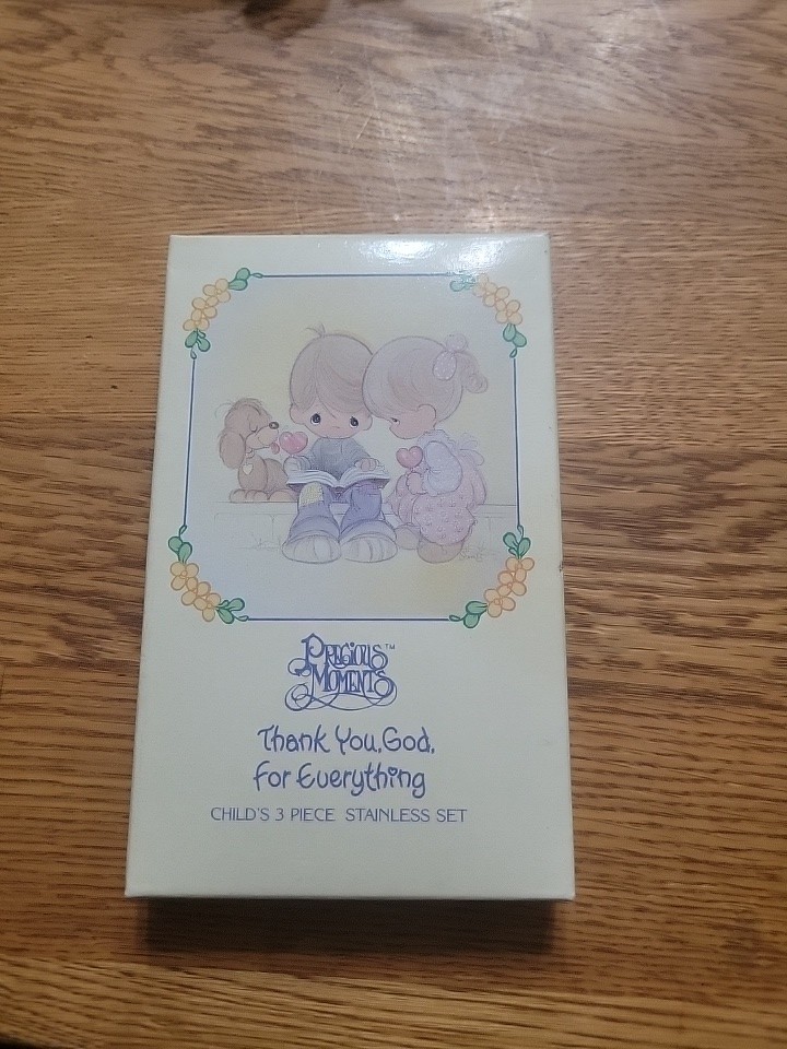 Precious Moments Child's 3 PC Stainless Set Box Fork Spoon Knife Thank You God