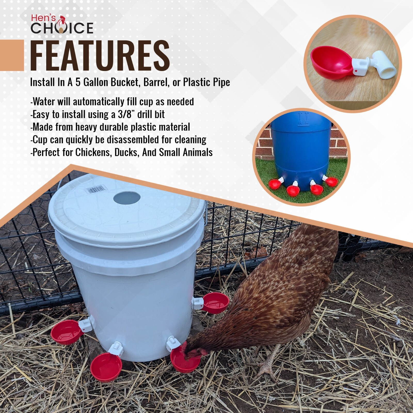 Hen's Choice™ - (5 Pack) Large Automatic Chicken Waterer Cups, Poultry Water Kit