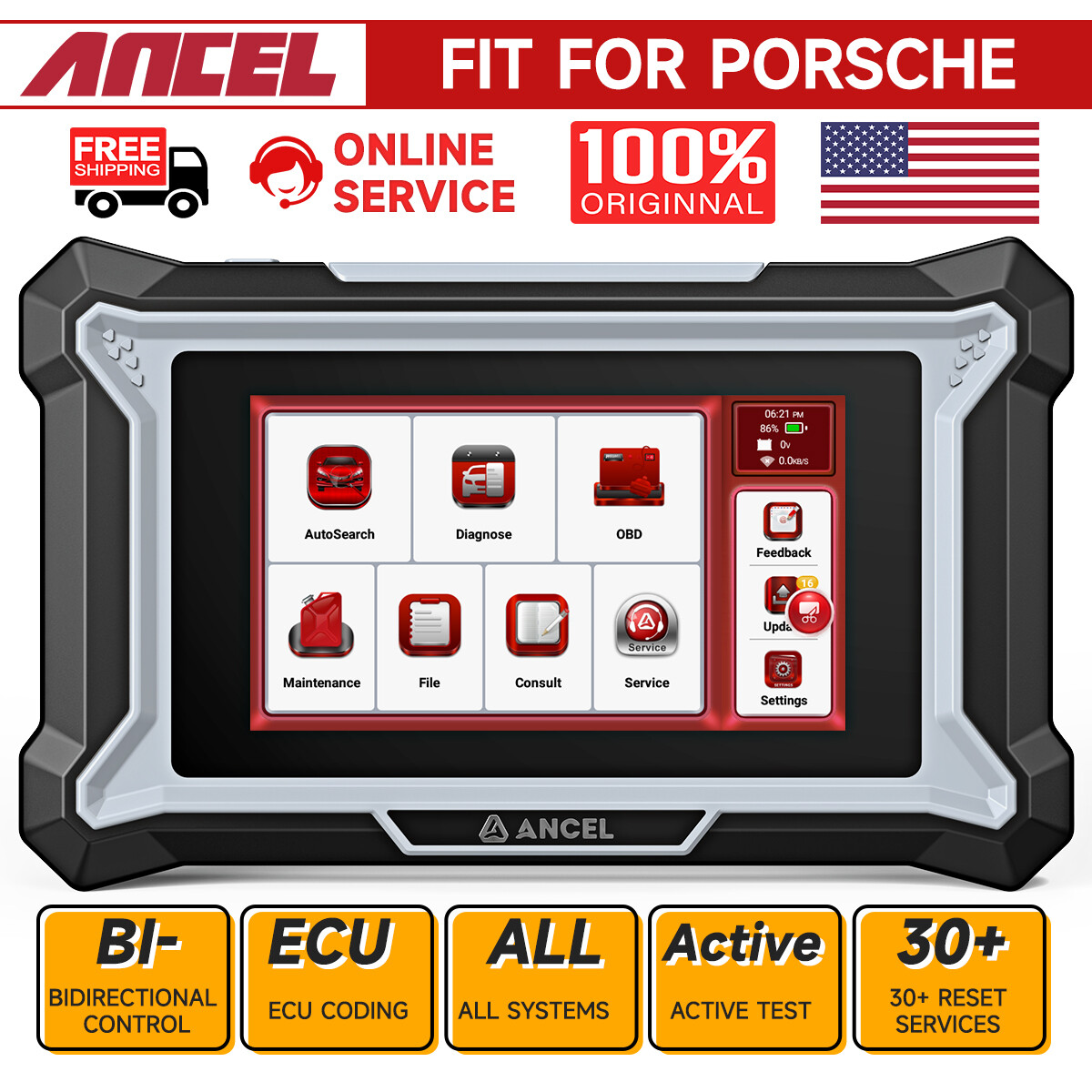 ANCEL DS160 Fit for Porsche Bidirectional Car OBD Scanner Diagnostic E-CU Coding