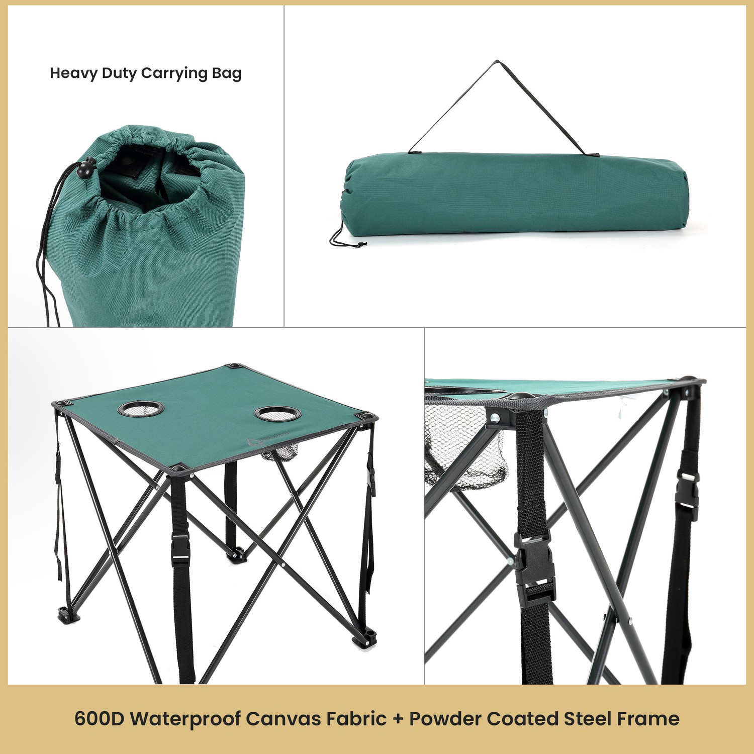 Portable Folding Camping Table 18.5" x 18.5", 2 Cup-Holders, Carry Bag