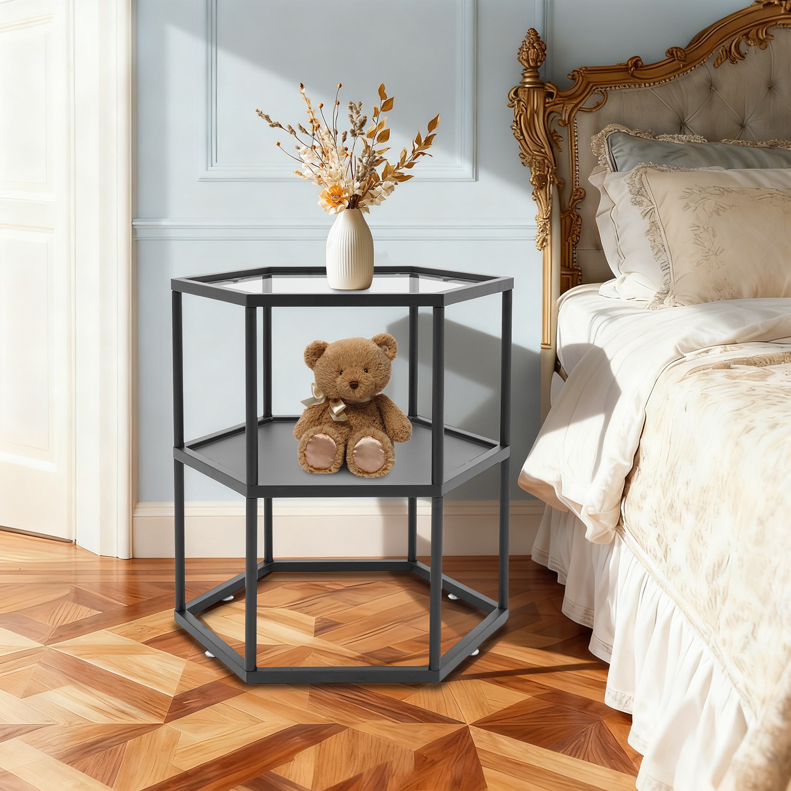 Modern Side Table, Hexagonal Side Table, Iron Side Table with 2-Tier Storage She