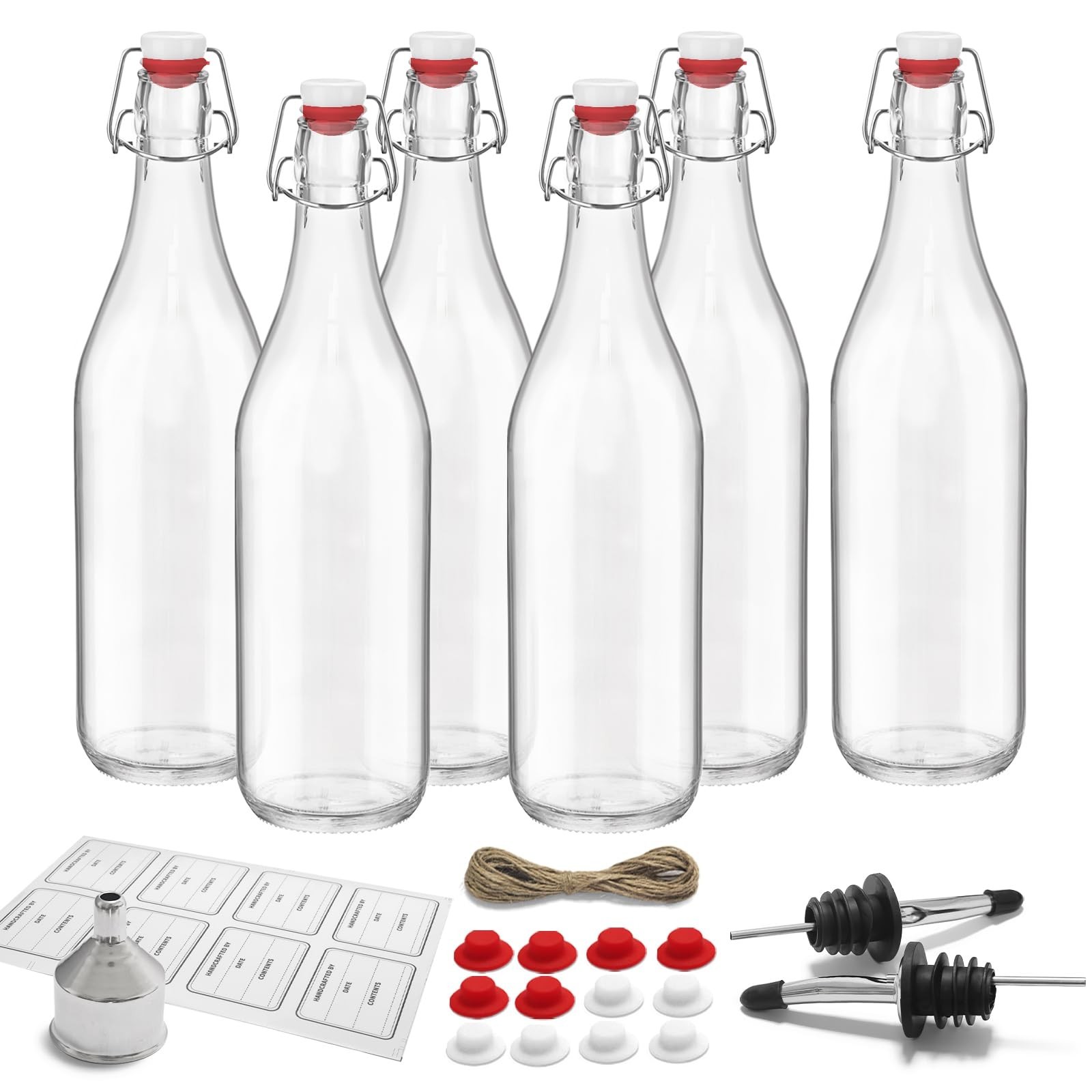 6 Pack 33 oz 1000ml flip top glass bottles with swing lids sealing stoppers r...