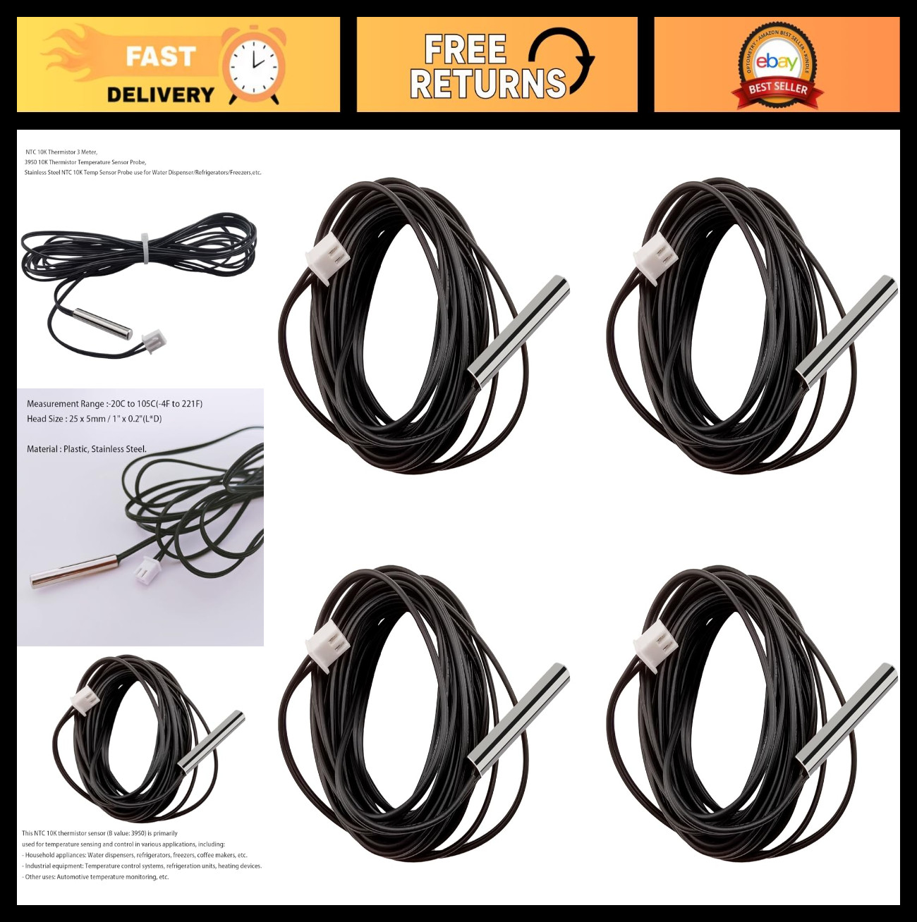 10K NTC Thermistor Temperature Sensor Probe - 4pcs Stainless Steel for Water Dis