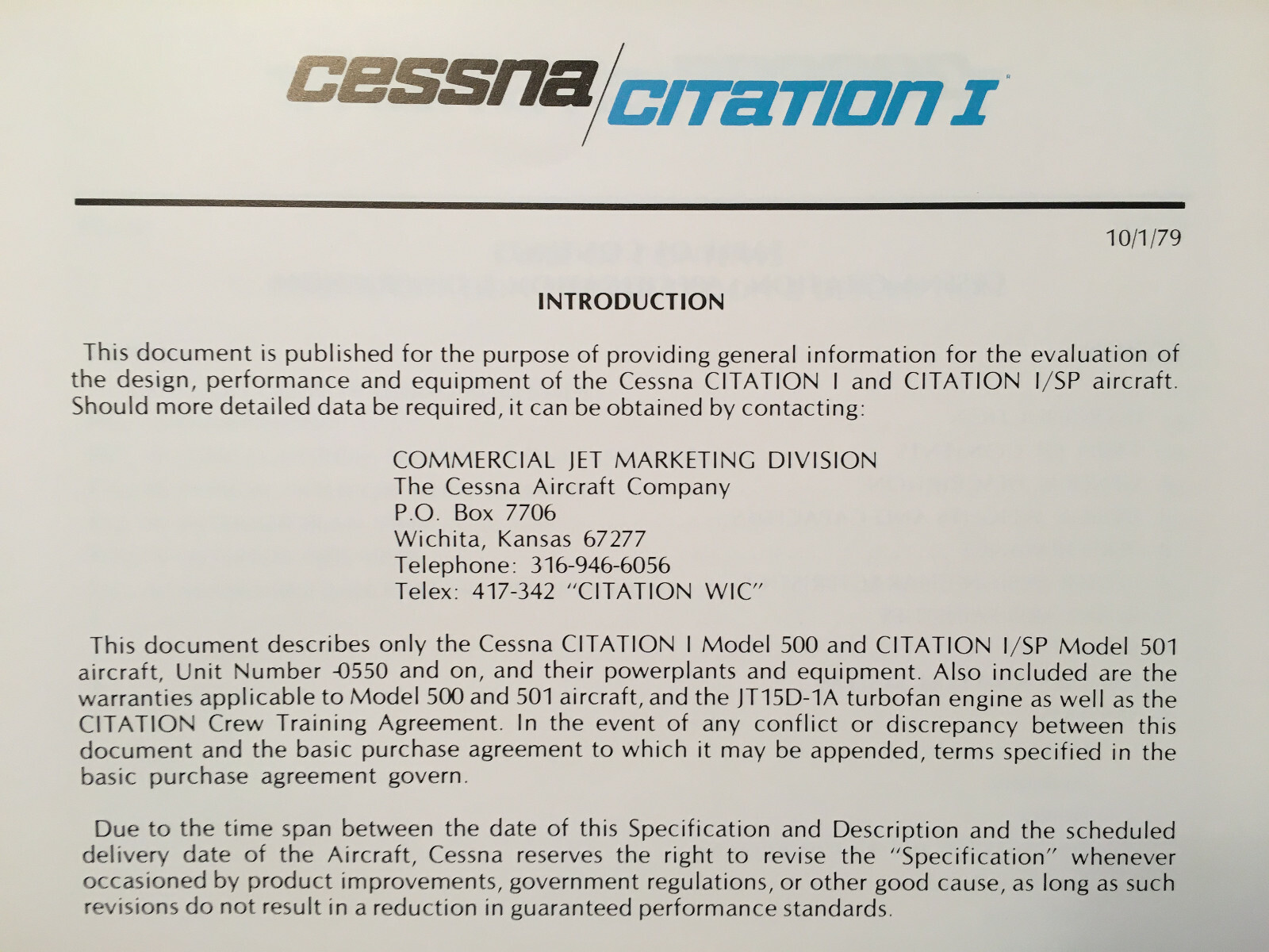Cessna Citation I Model 500, sn 0550 & On, Specification/Description Booklet