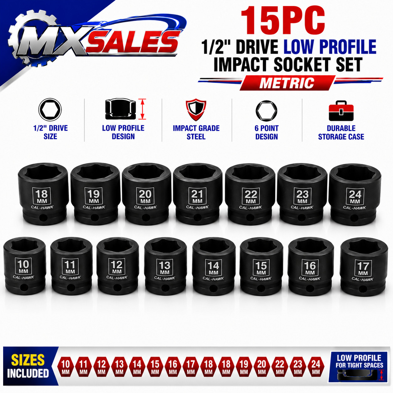 15pc 1/2" Drive Nano Low Profile Impact Socket Set METRIC W/ ALUM HOLDER
