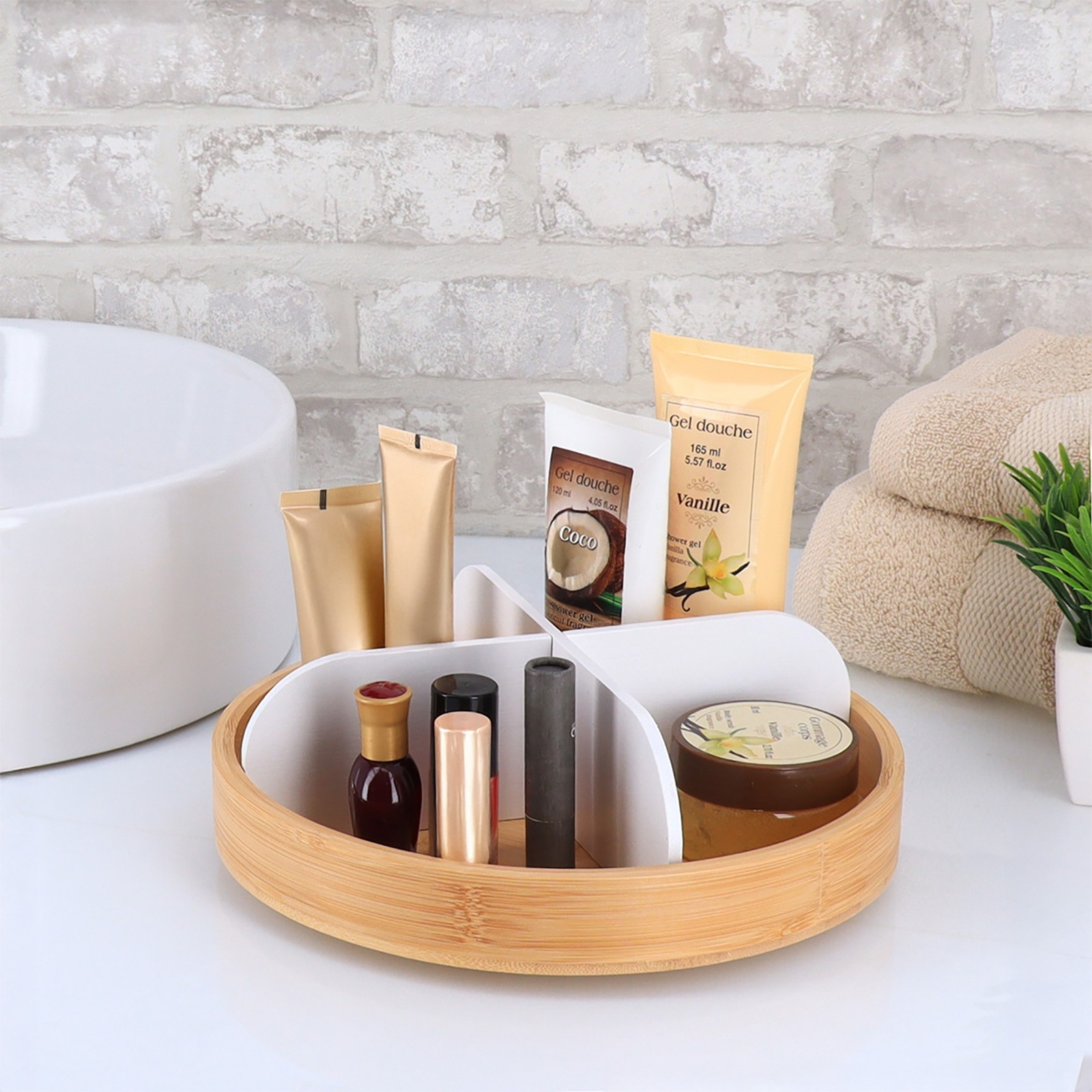 Rotating Bathroom Organizer with 4 Compartments - Bamboo Base Matte Finish