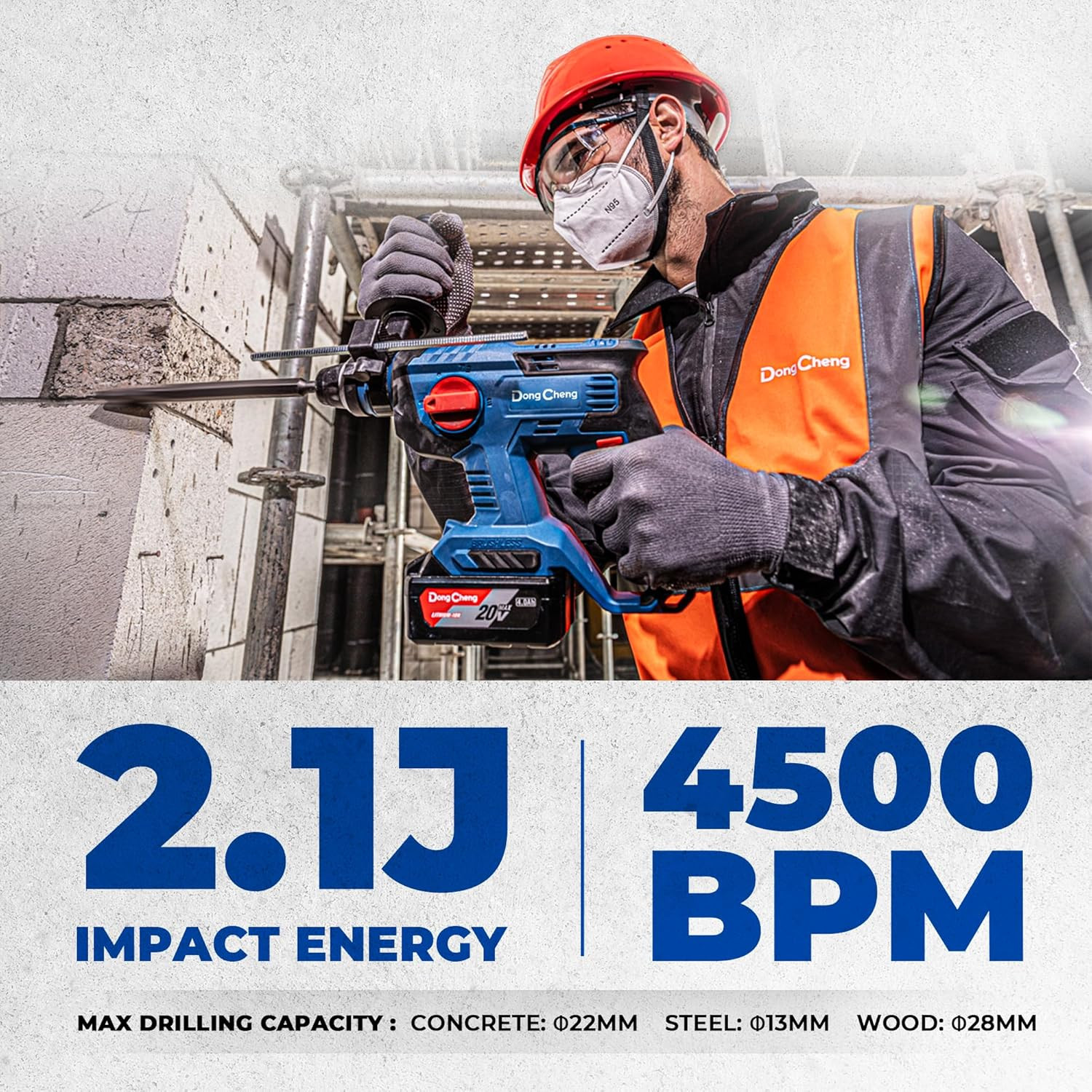 DongCheng 20V Max Brushless Rotary Hammer Drill, 7/8" SDS-Plus, 2.1 J Impact, 4